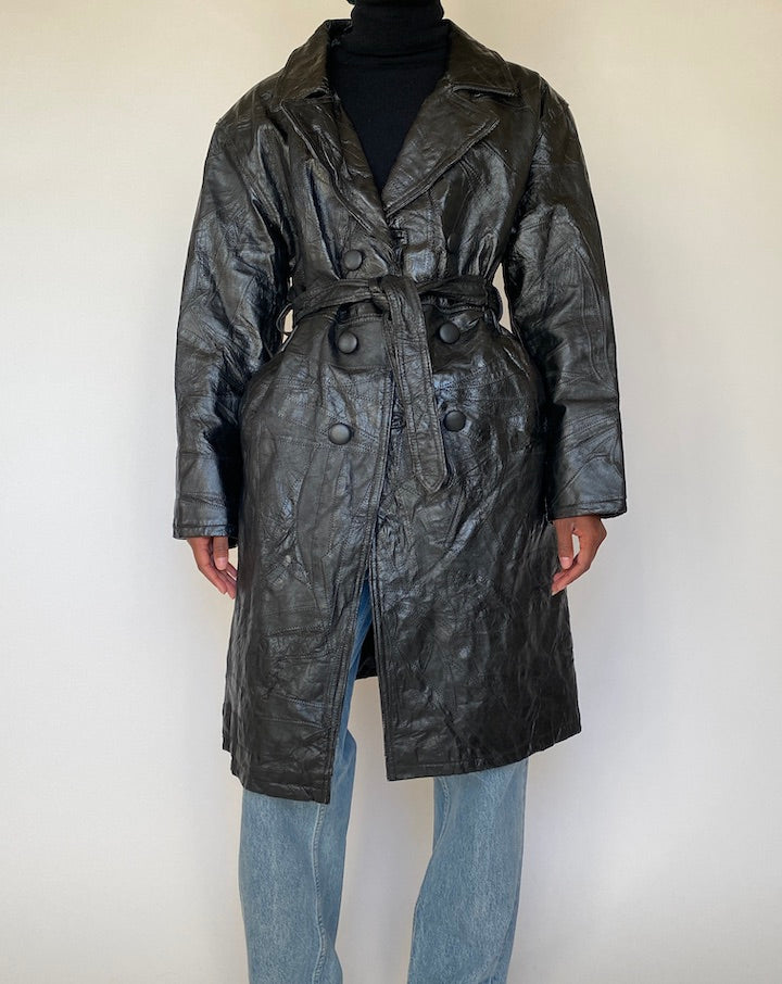 VINTAGE BLACK TEXTURED LEATHER TRENCH 4314