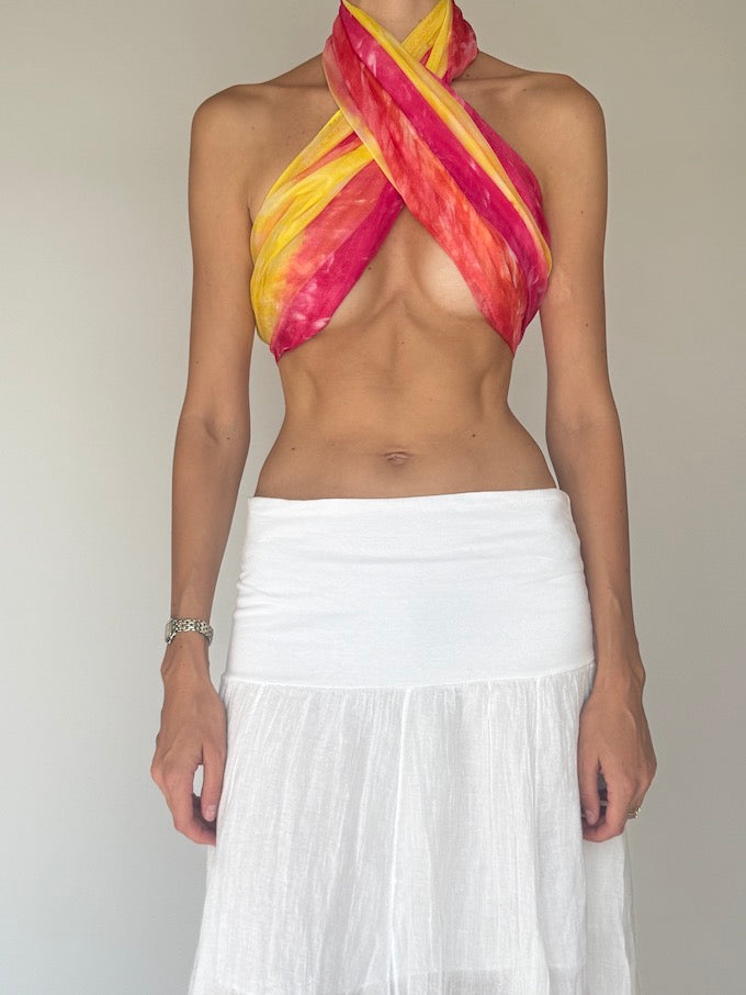 Vintage sarong tied as a top pink & yellow 6284