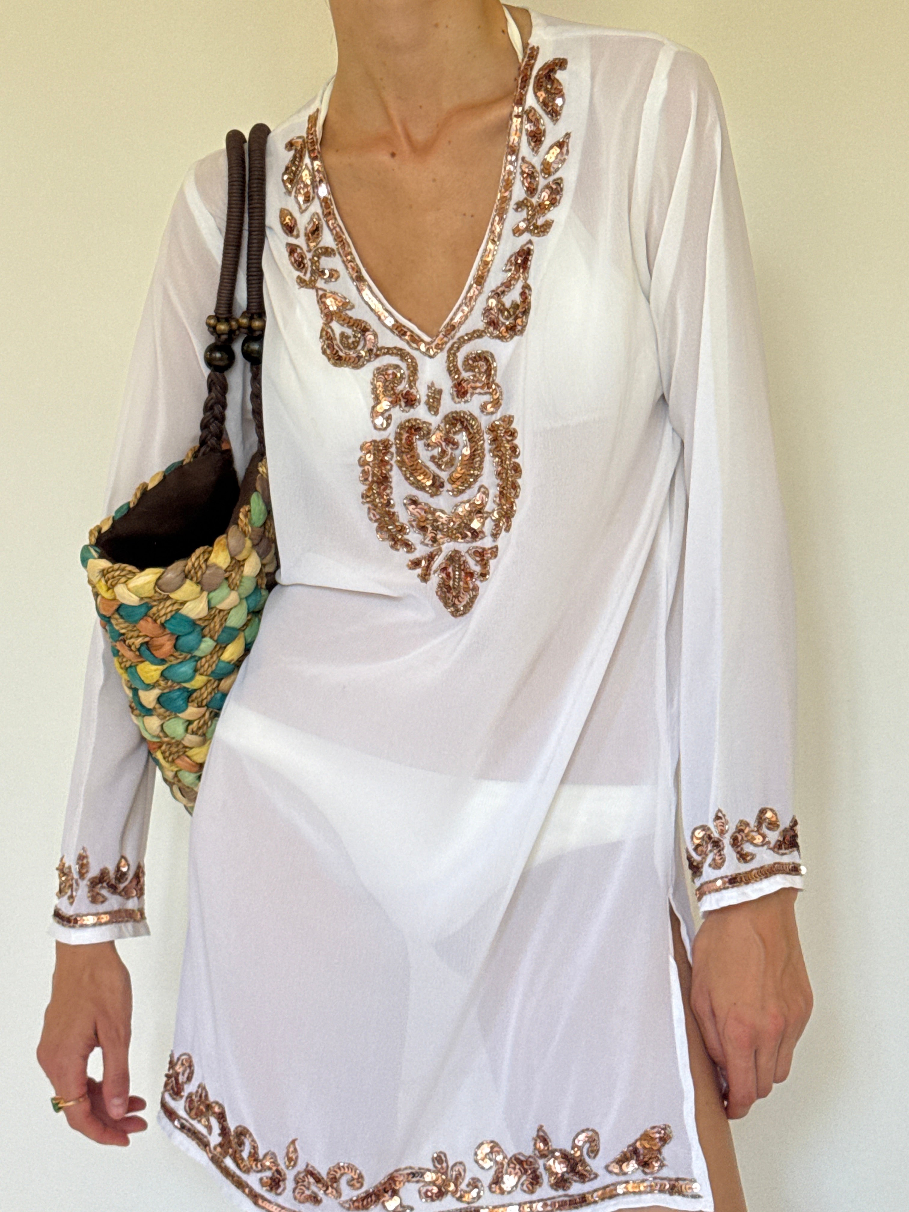 Vintage white sequin embellished swim cover-up front view