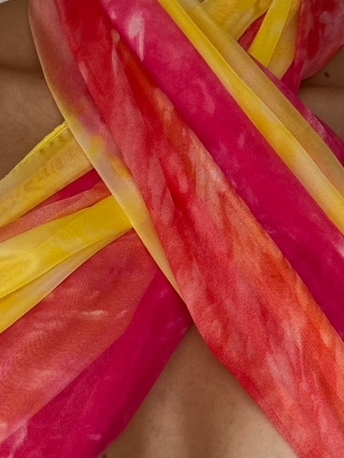 Vintage sarong tied as a top pink & yellow 6284