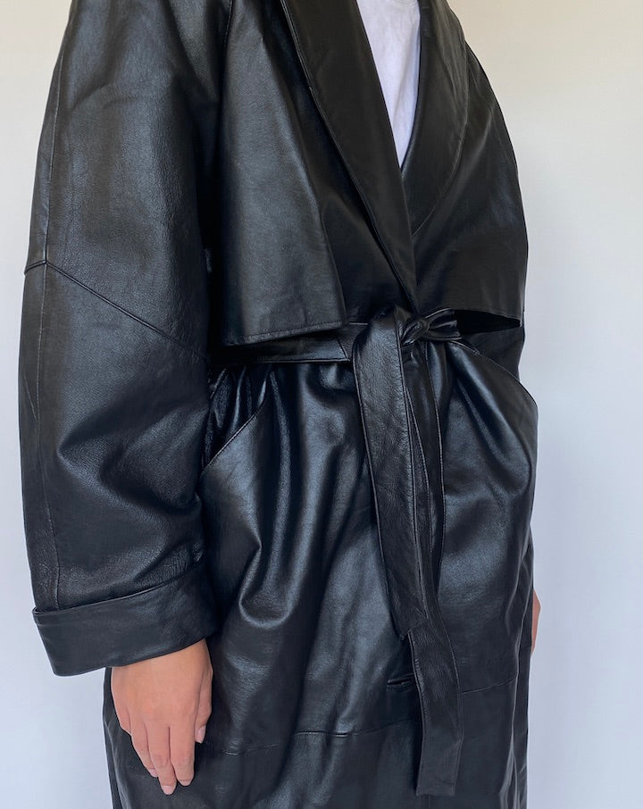 VINTAGE BLACK LONG LEATHER TRENCH COAT 3356
