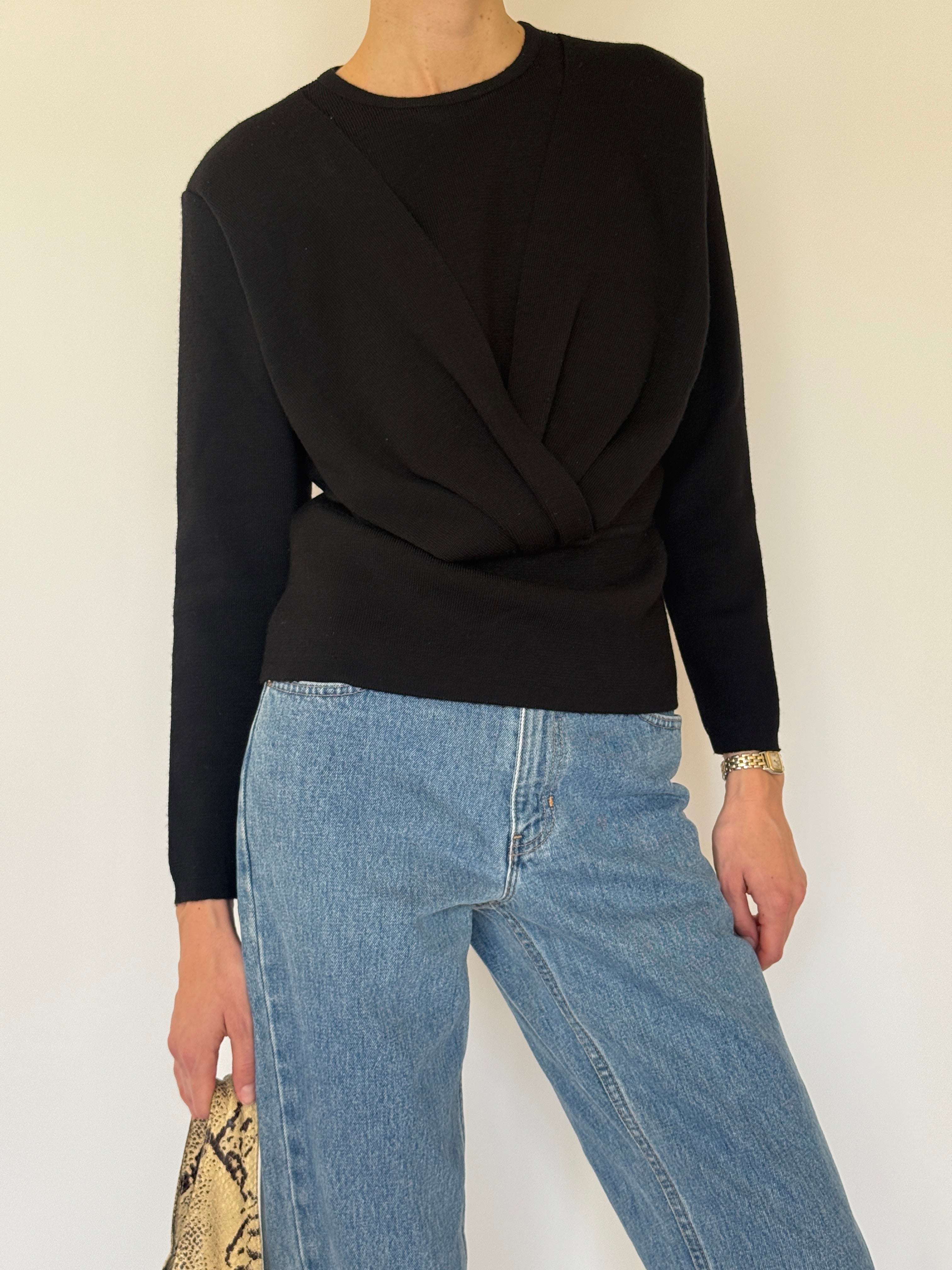 Vintage black merino wool wrap knit sweater front view