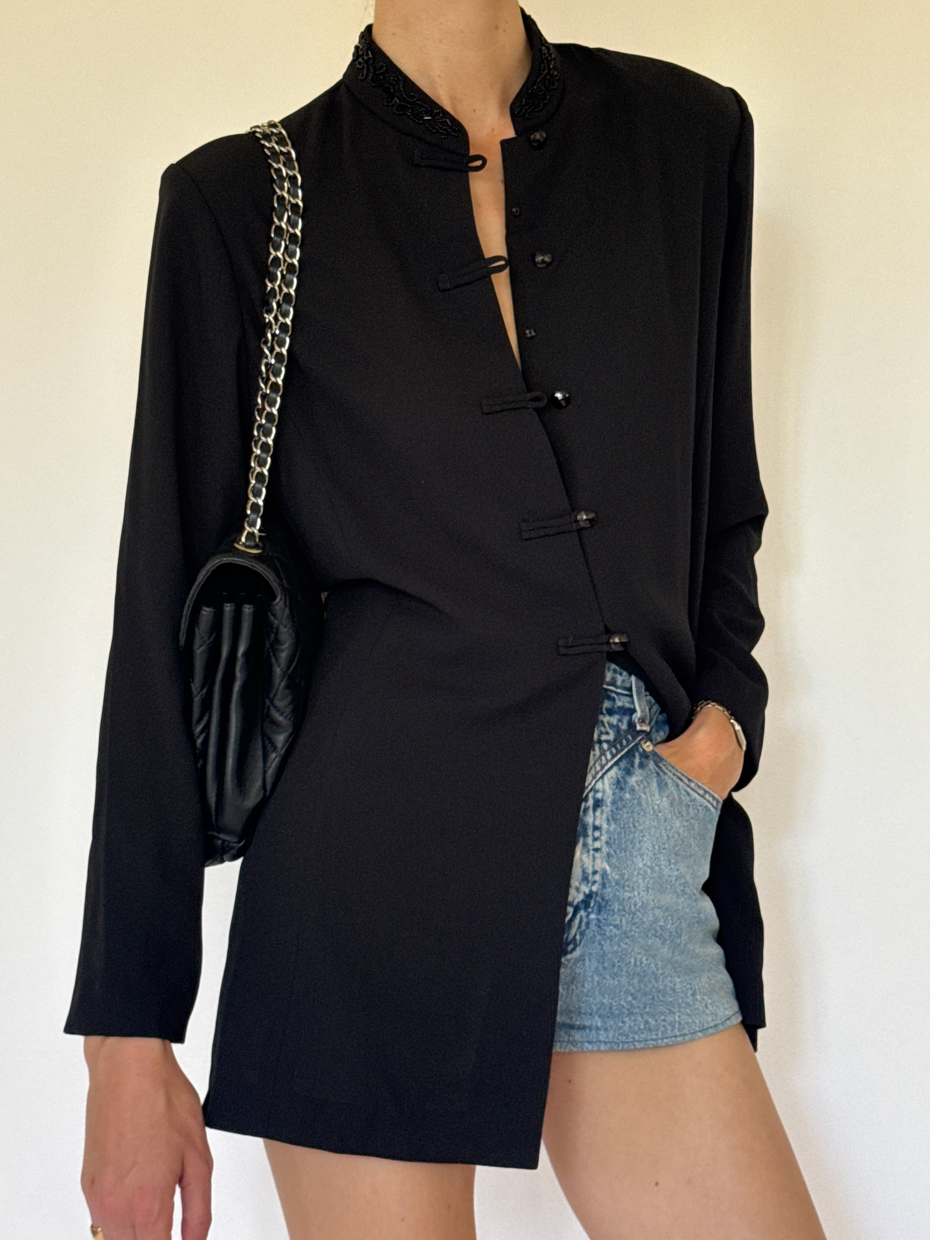 Vintage black embellished mandarin collar jacket front view