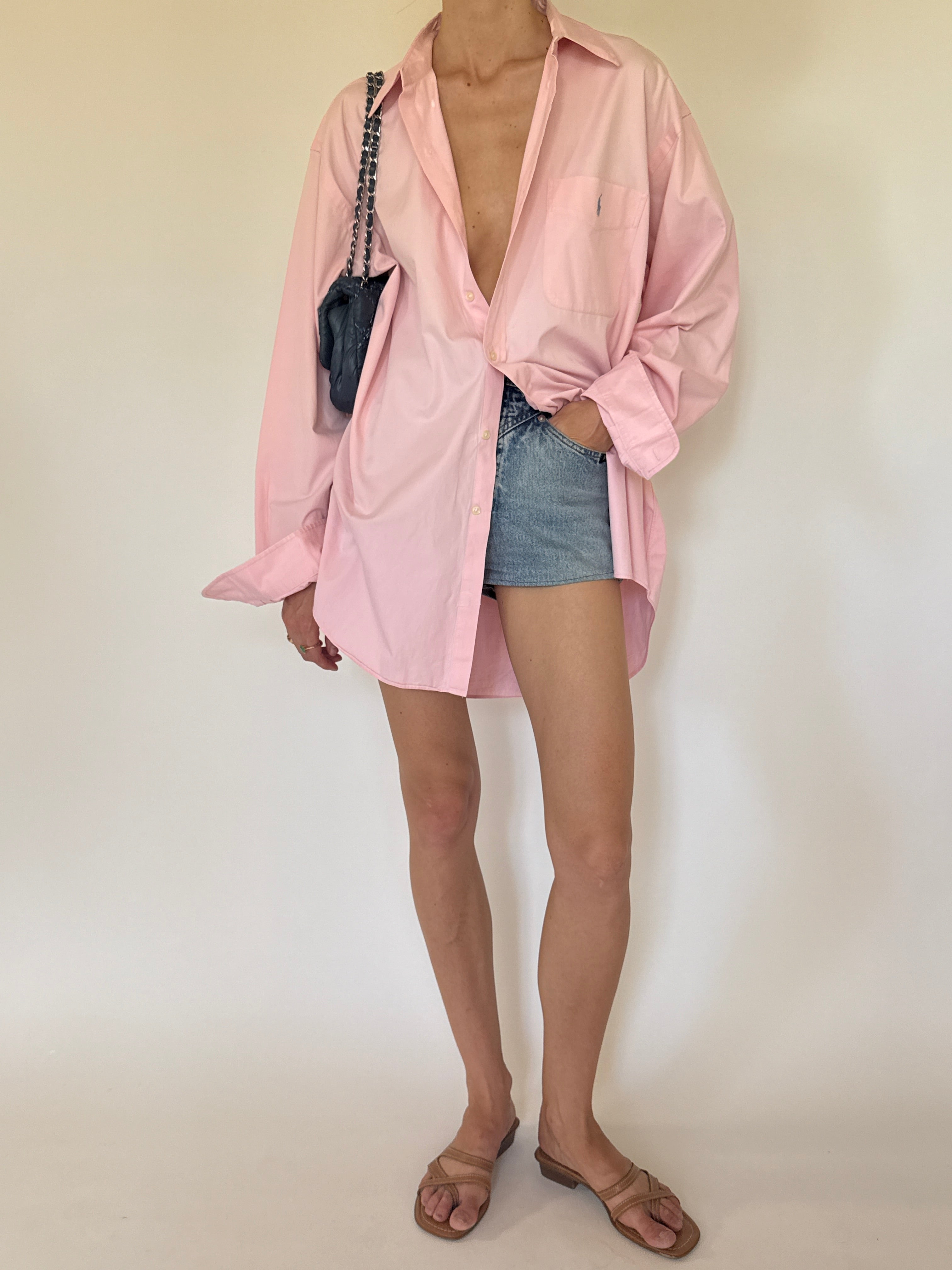 Vintage Polo Ralph Lauren oversized pink button-up shirt full-length front styled view.