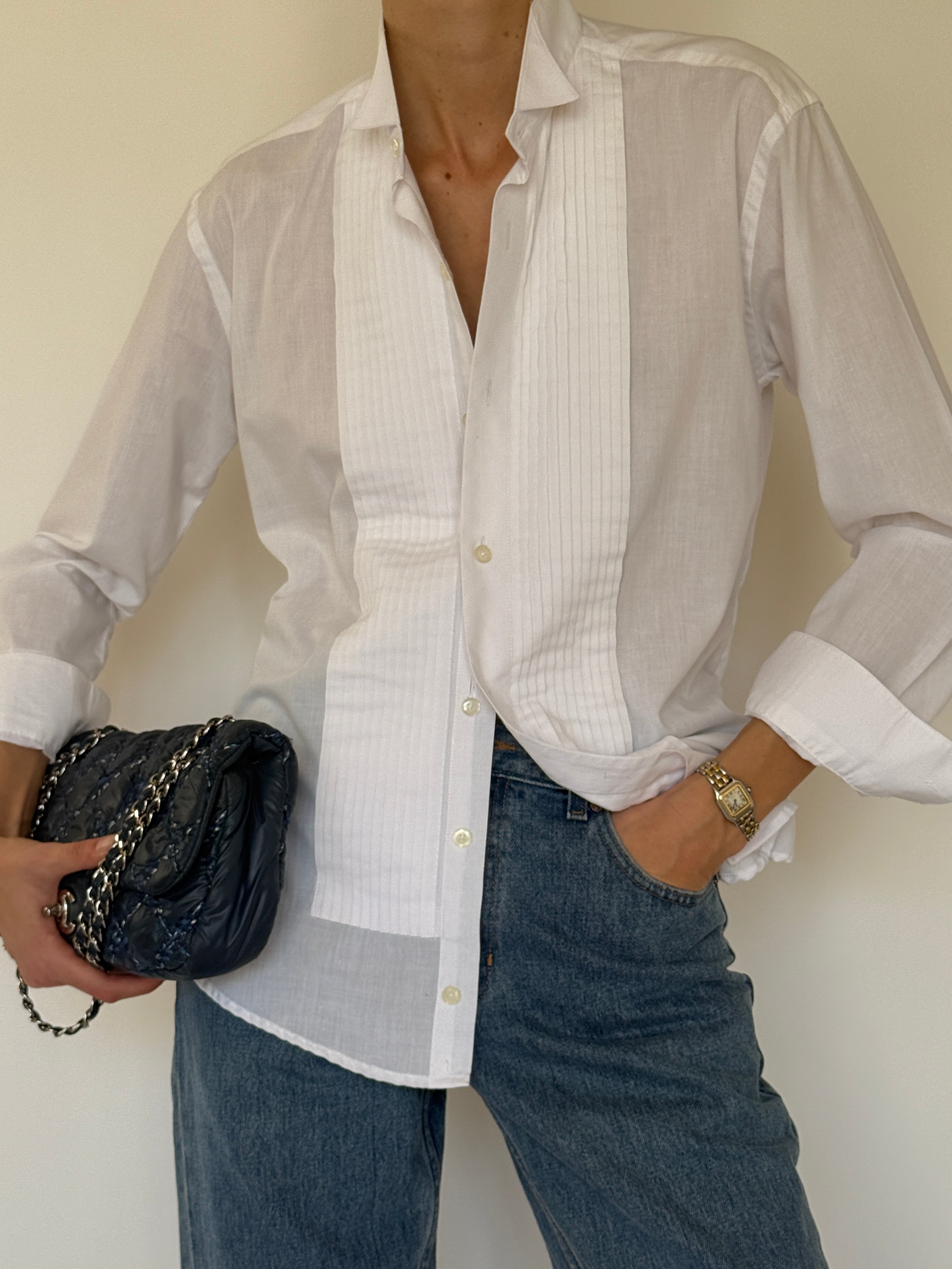 Vintage white pleated tuxedo shirt front view