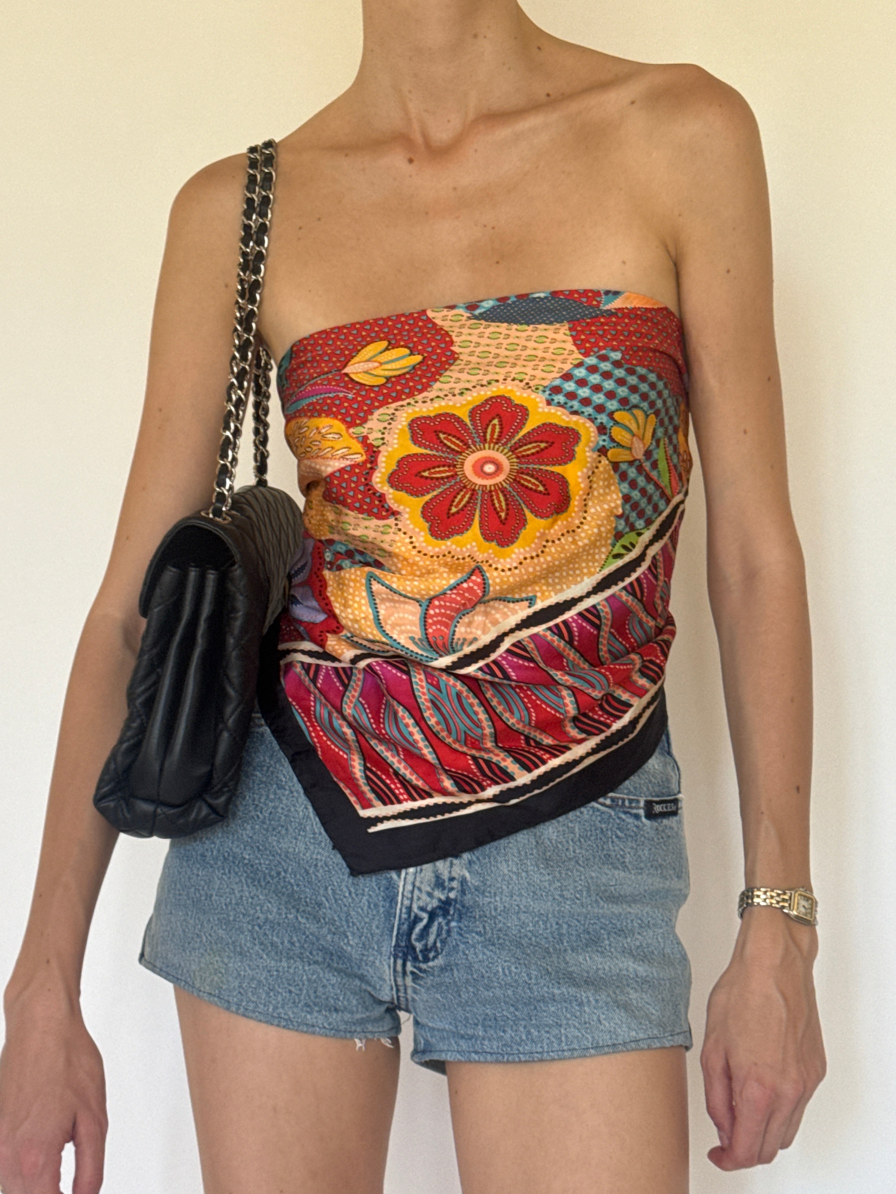 Vintage multicolor silk scarf worn as a strapless top front view