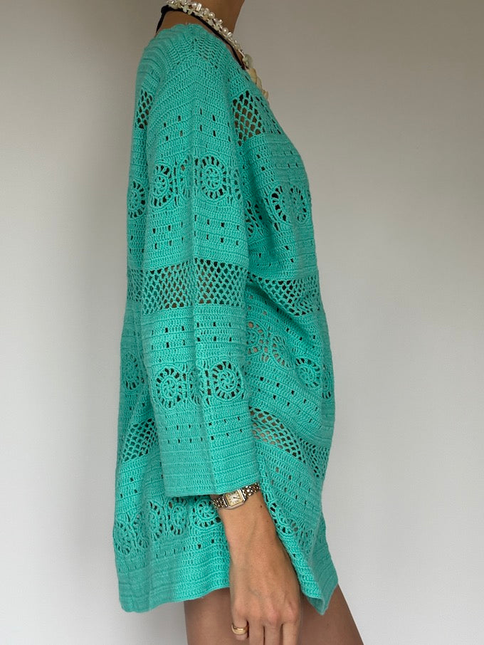 VINTAGE CROCHET BEACH COVER-UP IN NATURAL turquoise 6251