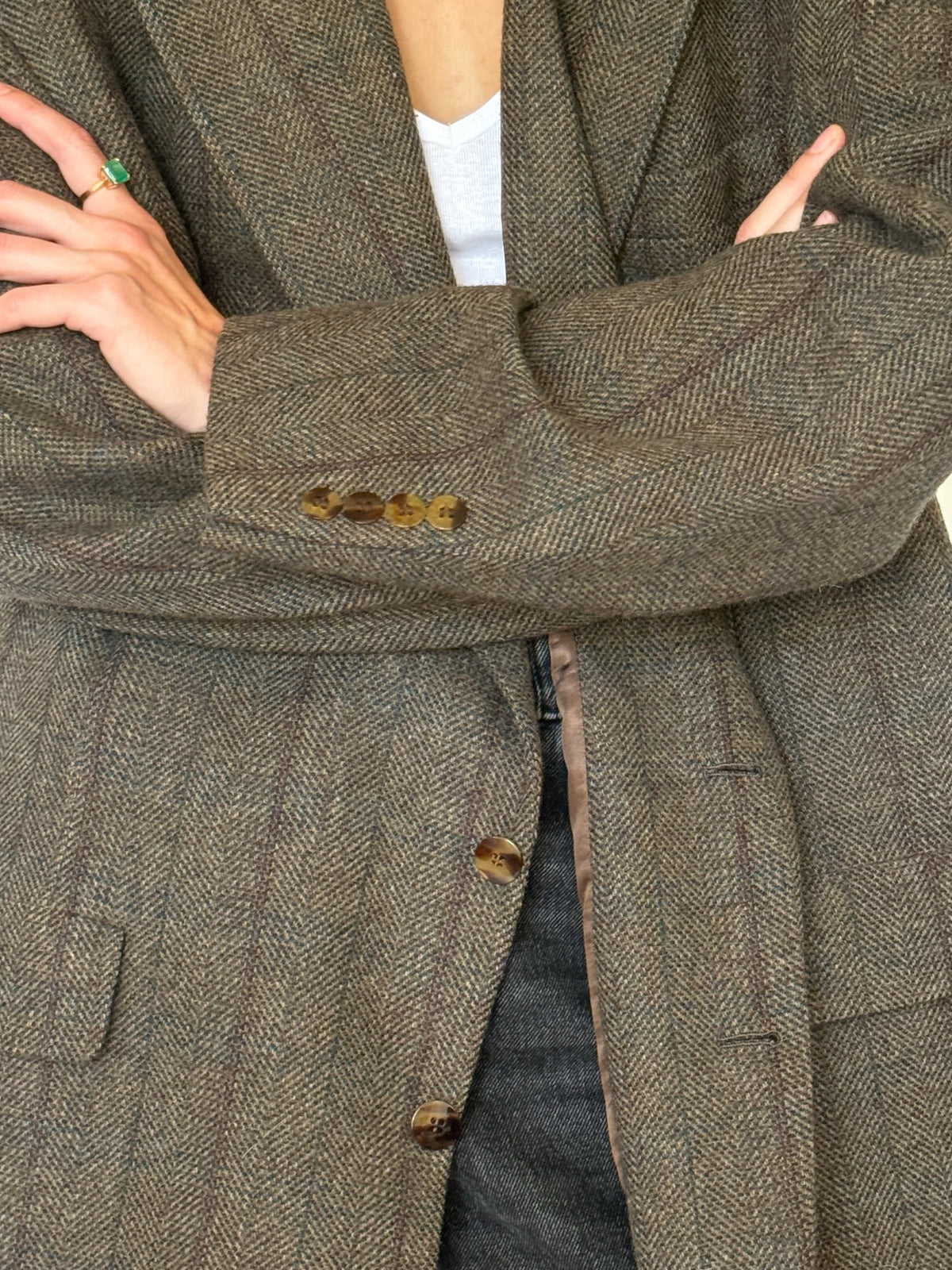 Close up of herringbone fabric and cuff