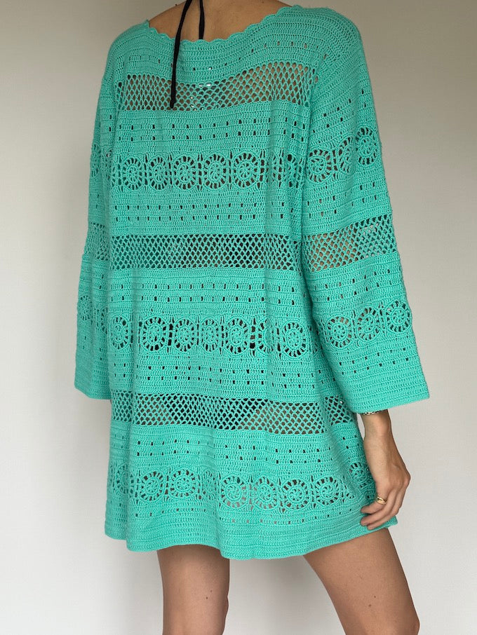 VINTAGE CROCHET BEACH COVER-UP IN NATURAL turquoise 6251