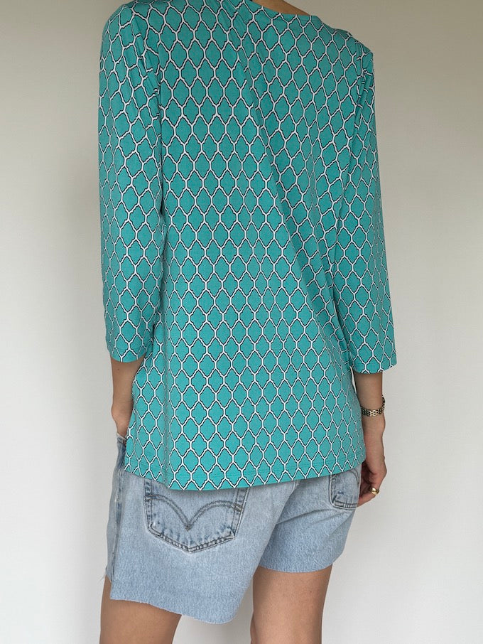 Vintage Chain-Print Beach Cover-Up with Shell Detail Turquoise 6252