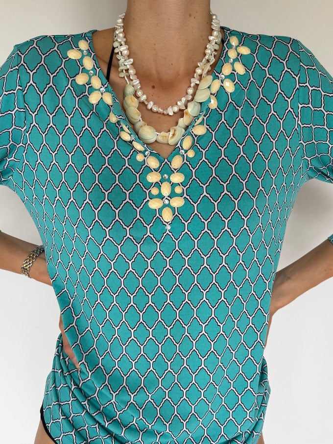 Vintage Chain-Print Beach Cover-Up with Shell Detail Turquoise 6252