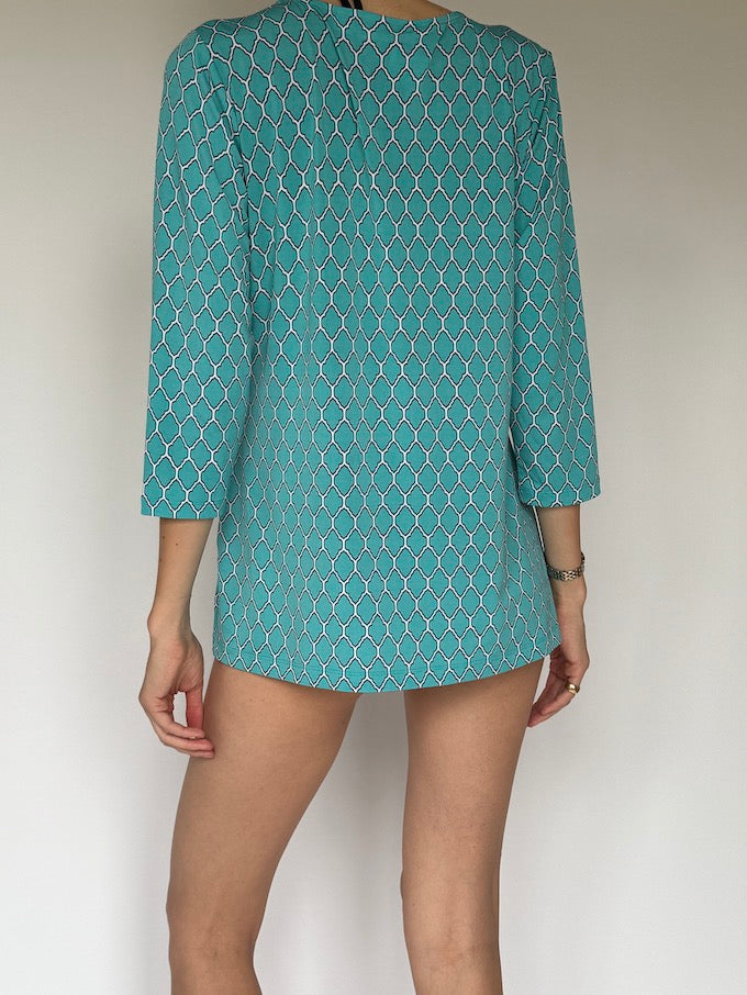 Vintage Chain-Print Beach Cover-Up with Shell Detail Turquoise 6252