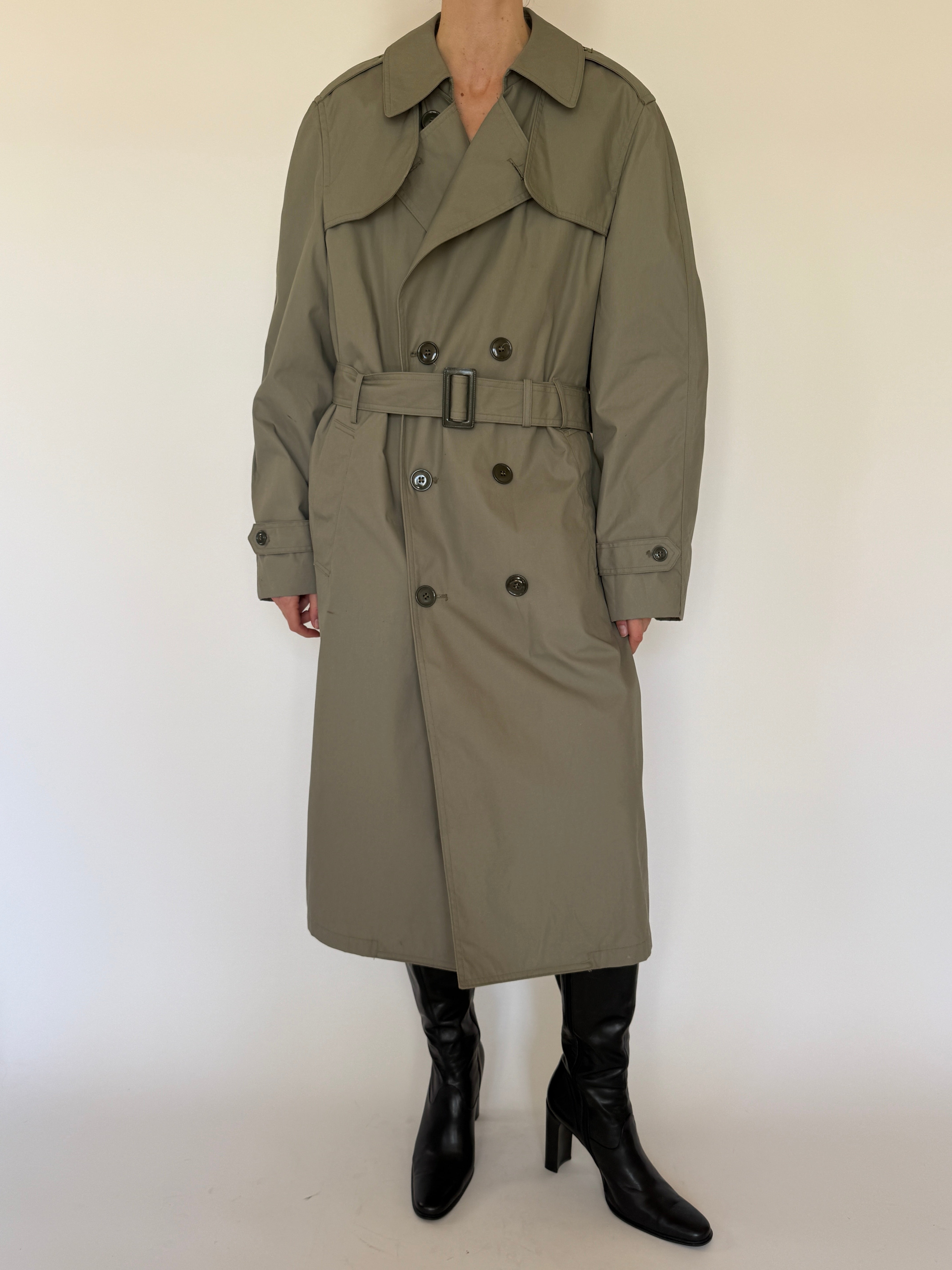Vintage olive trench coat front view double-breasted belted