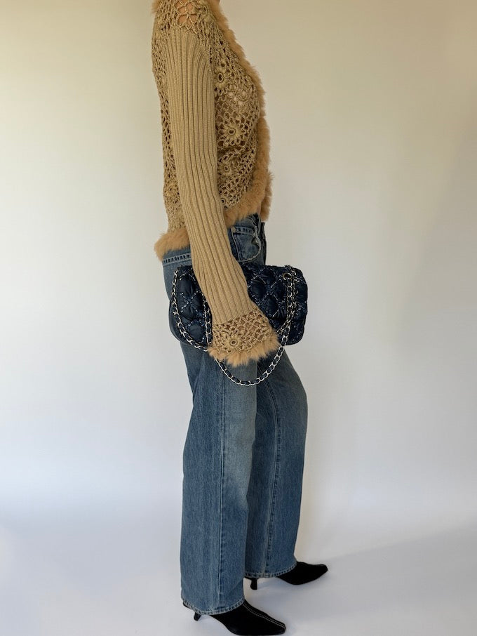 Vintage Crochet Cardigan with Fur Trim 6163