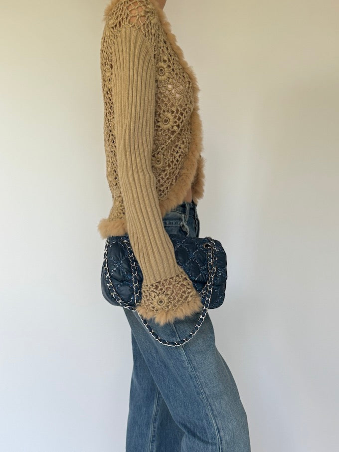 Vintage Crochet Cardigan with Fur Trim 6163
