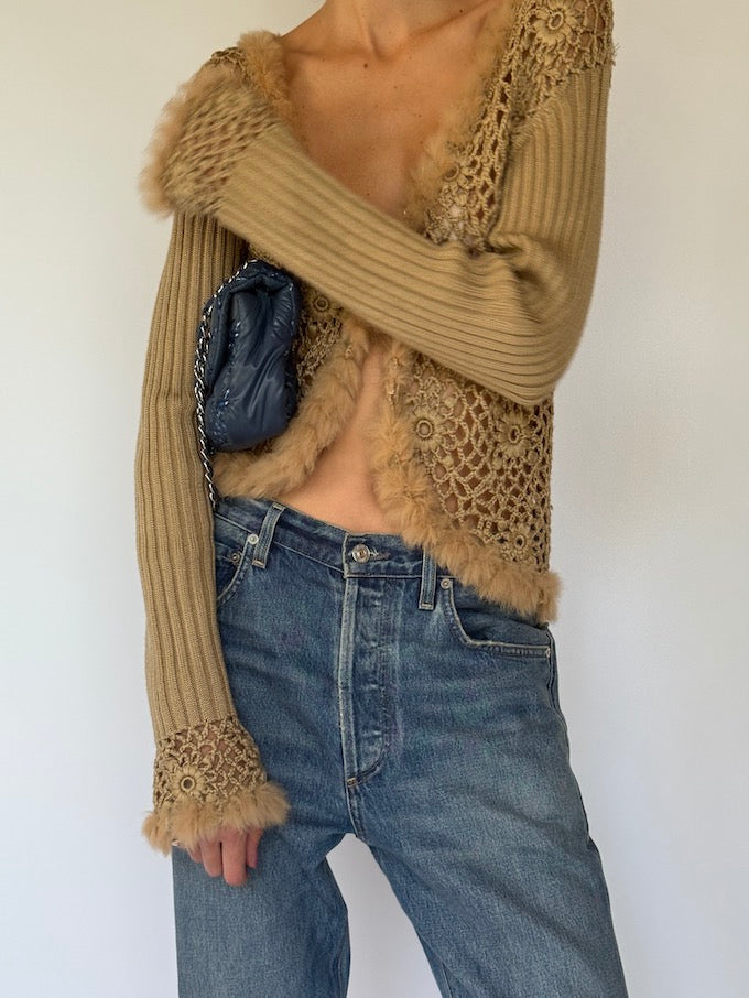 Vintage Crochet Cardigan with Fur Trim 6163