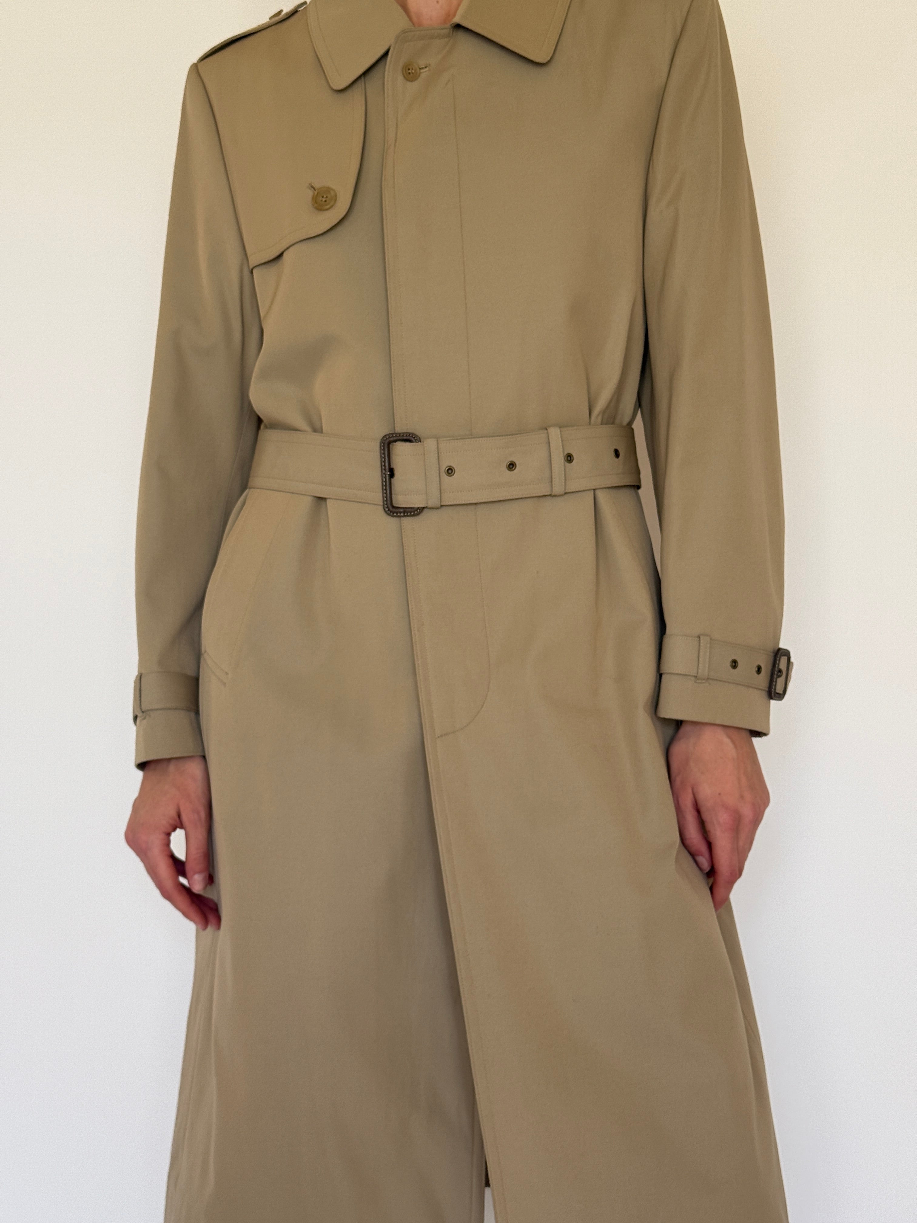 Vintage beige trench coat full length front silhouette