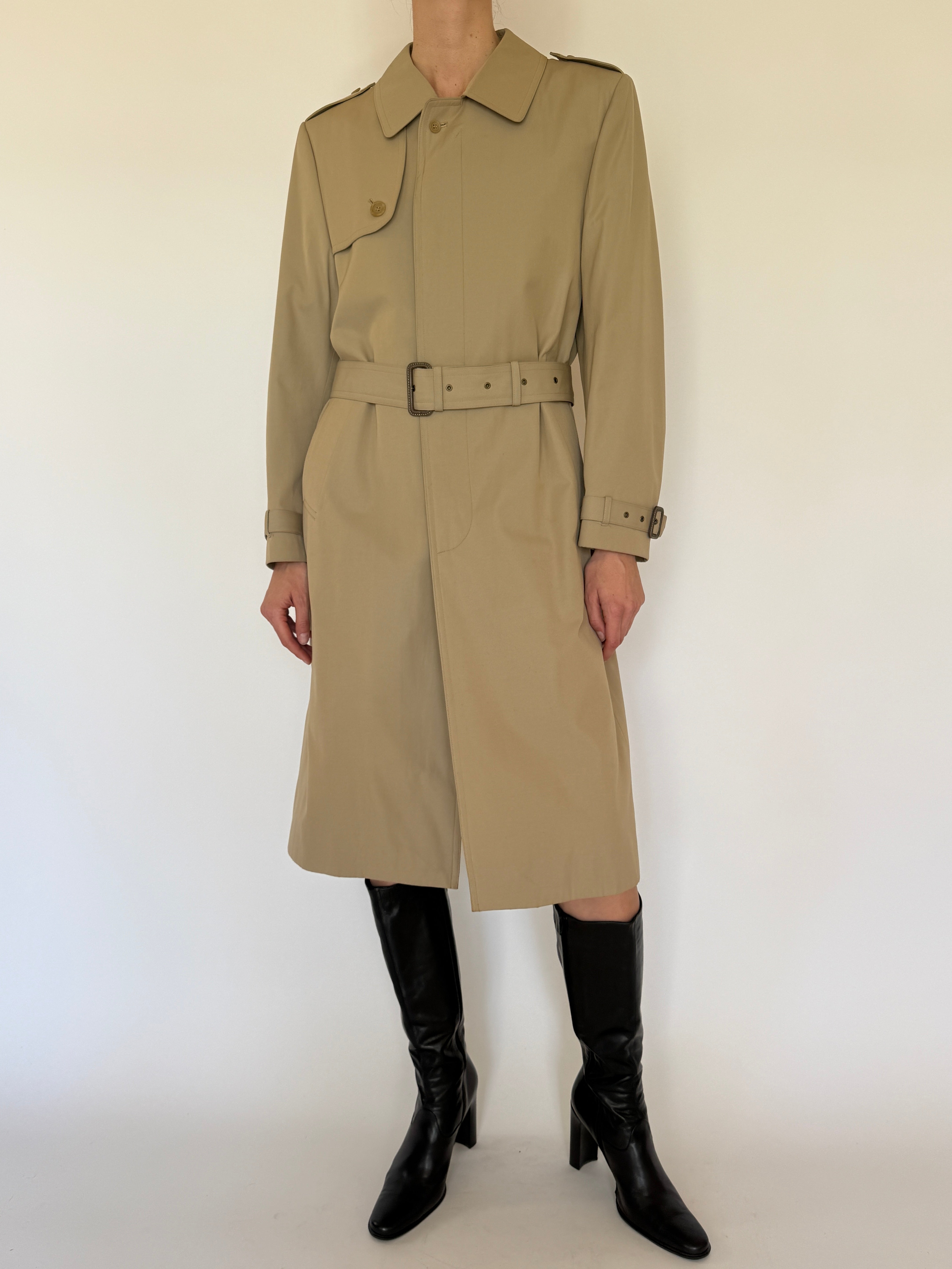 Vintage beige belted trench coat front view with waist belt