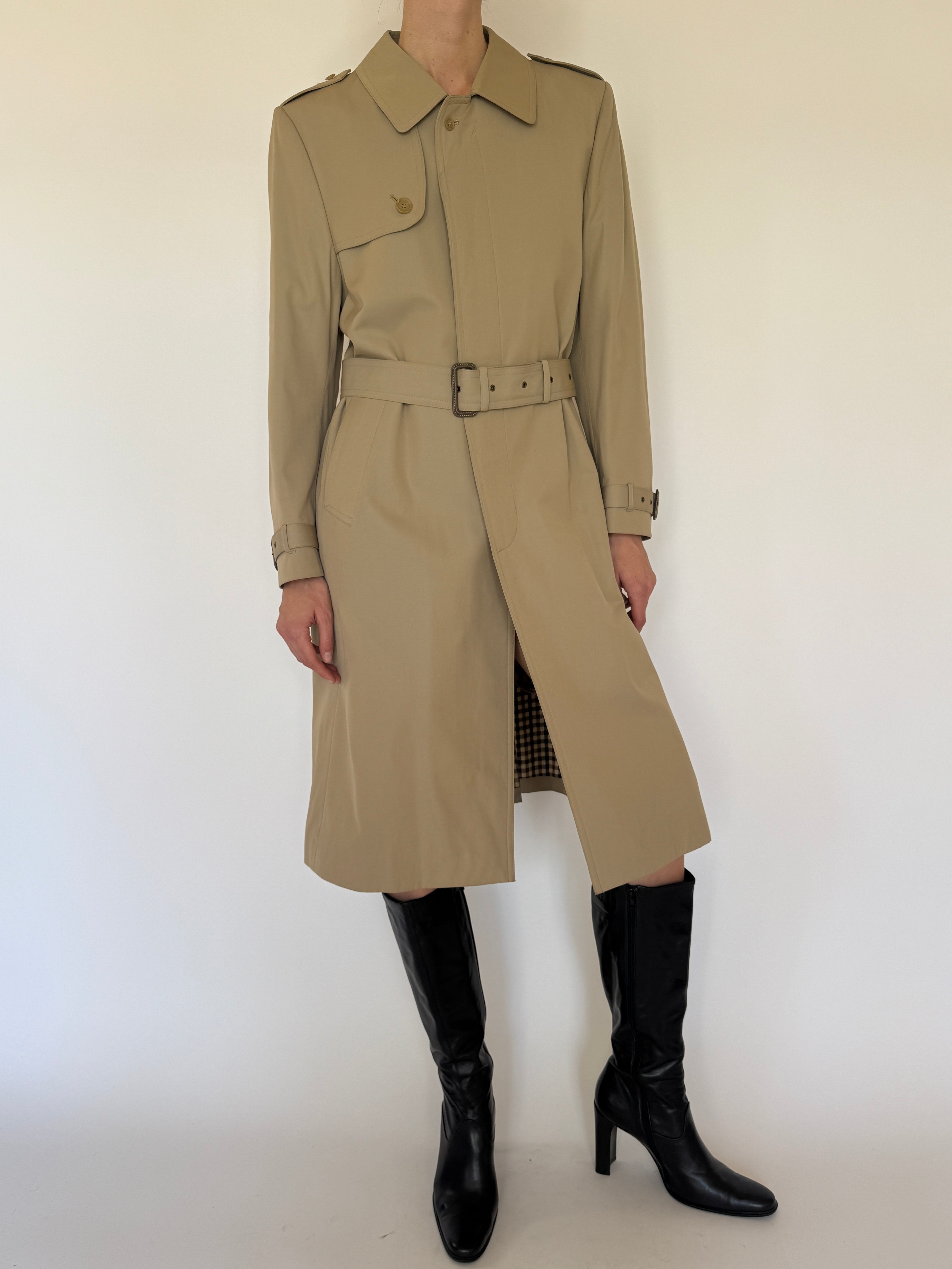 Vintage beige belted trench coat front view with waist belt