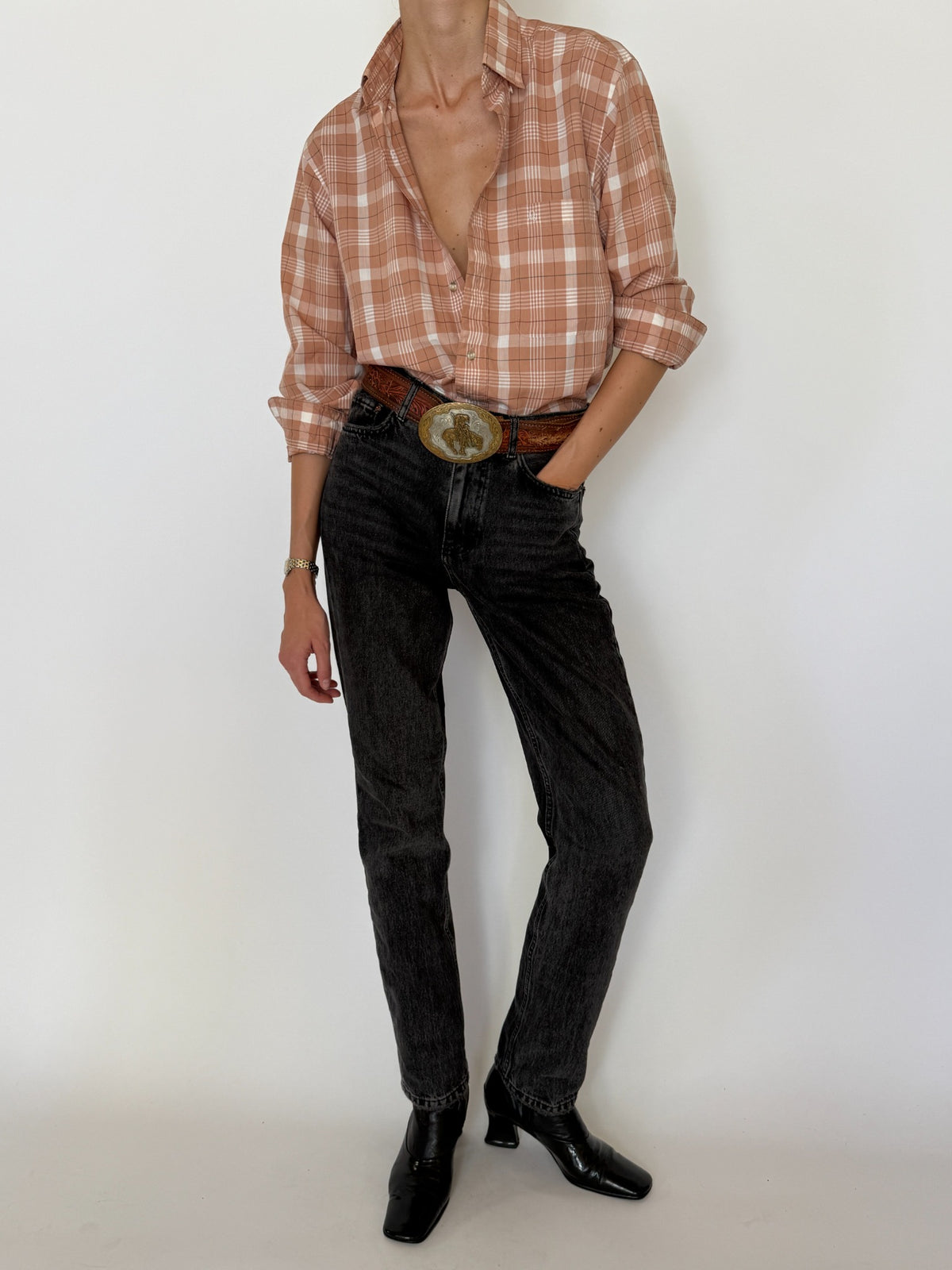 Full-length front view vintage Dior plaid shirt with rolled sleeves