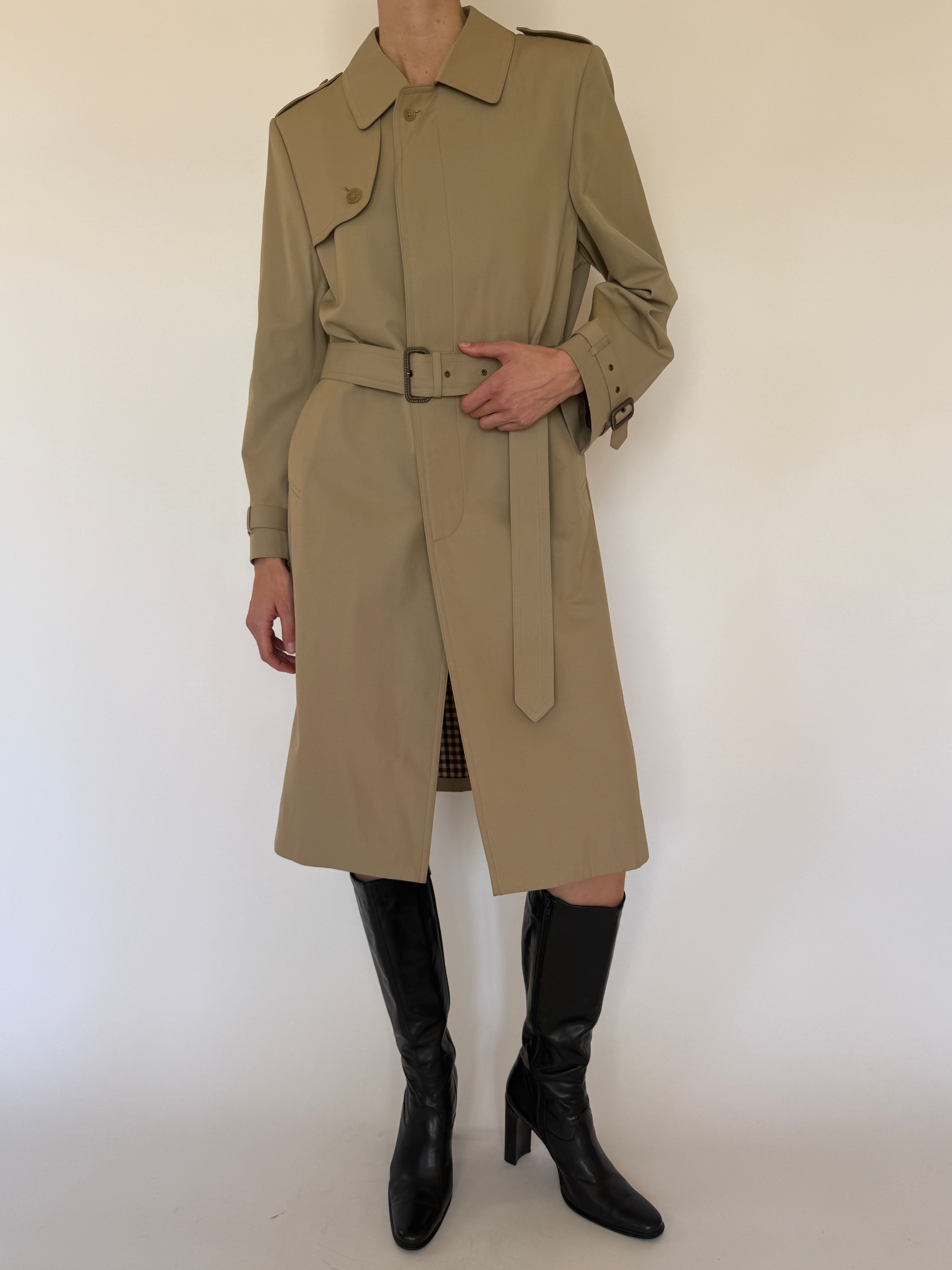 Vintage beige belted trench coat front view with waist belt