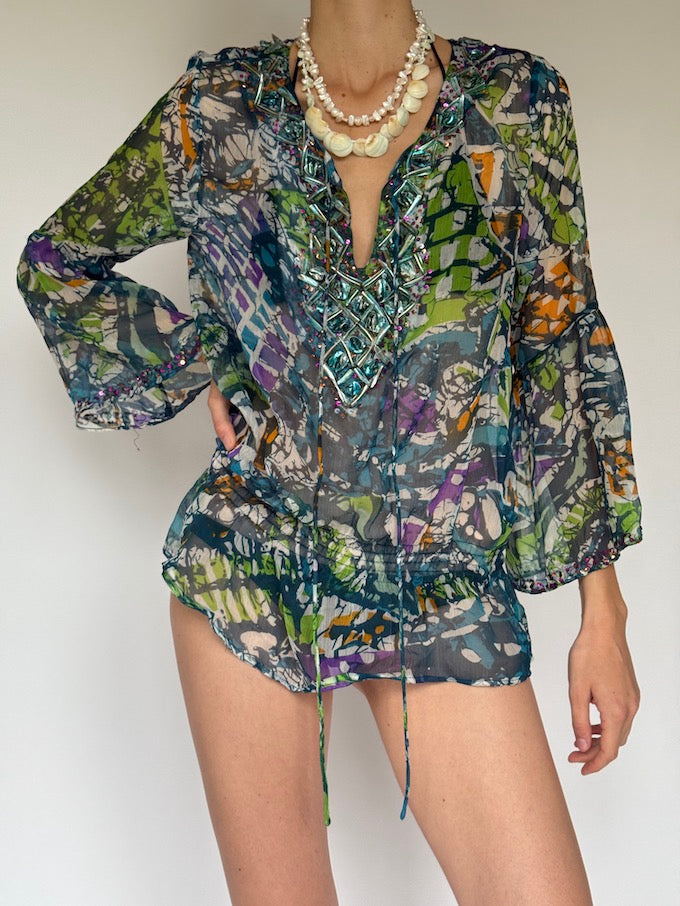 Vintage Beaded Sheer Boho Cover-Up tunic