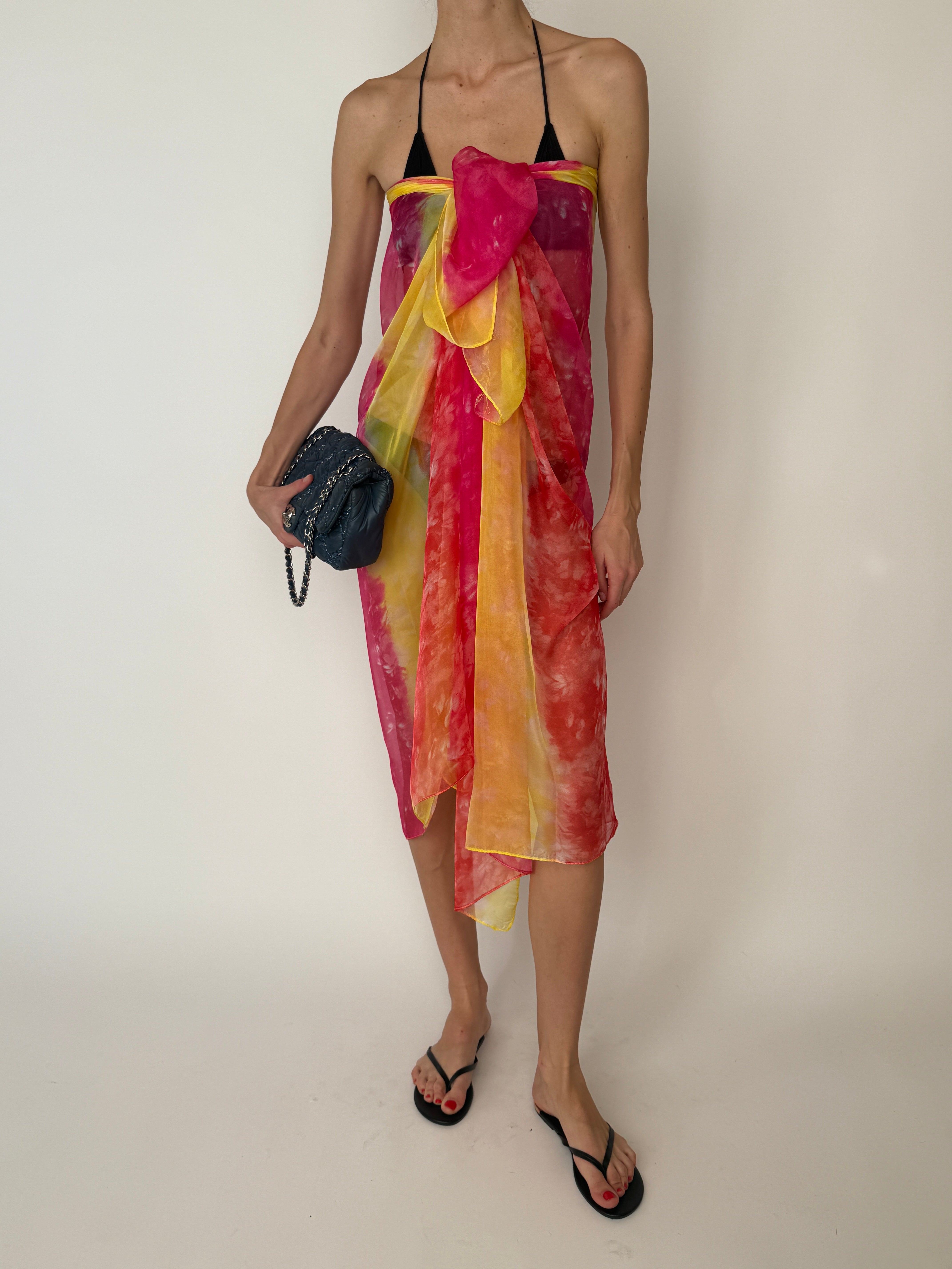 Vintage sarong tied as a top pink & yellow 6284