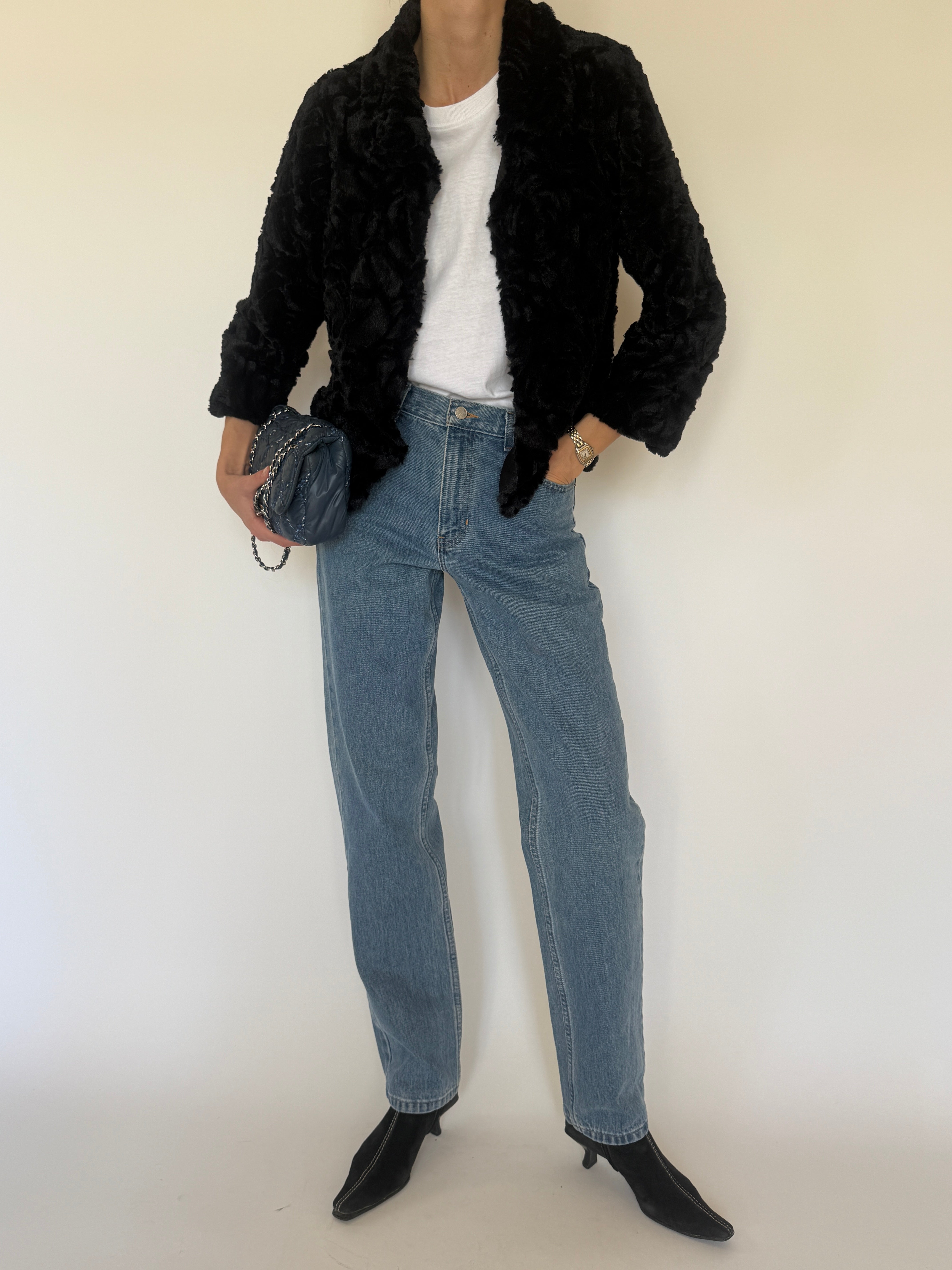 Vintage black faux fur cropped jacket fabric detail