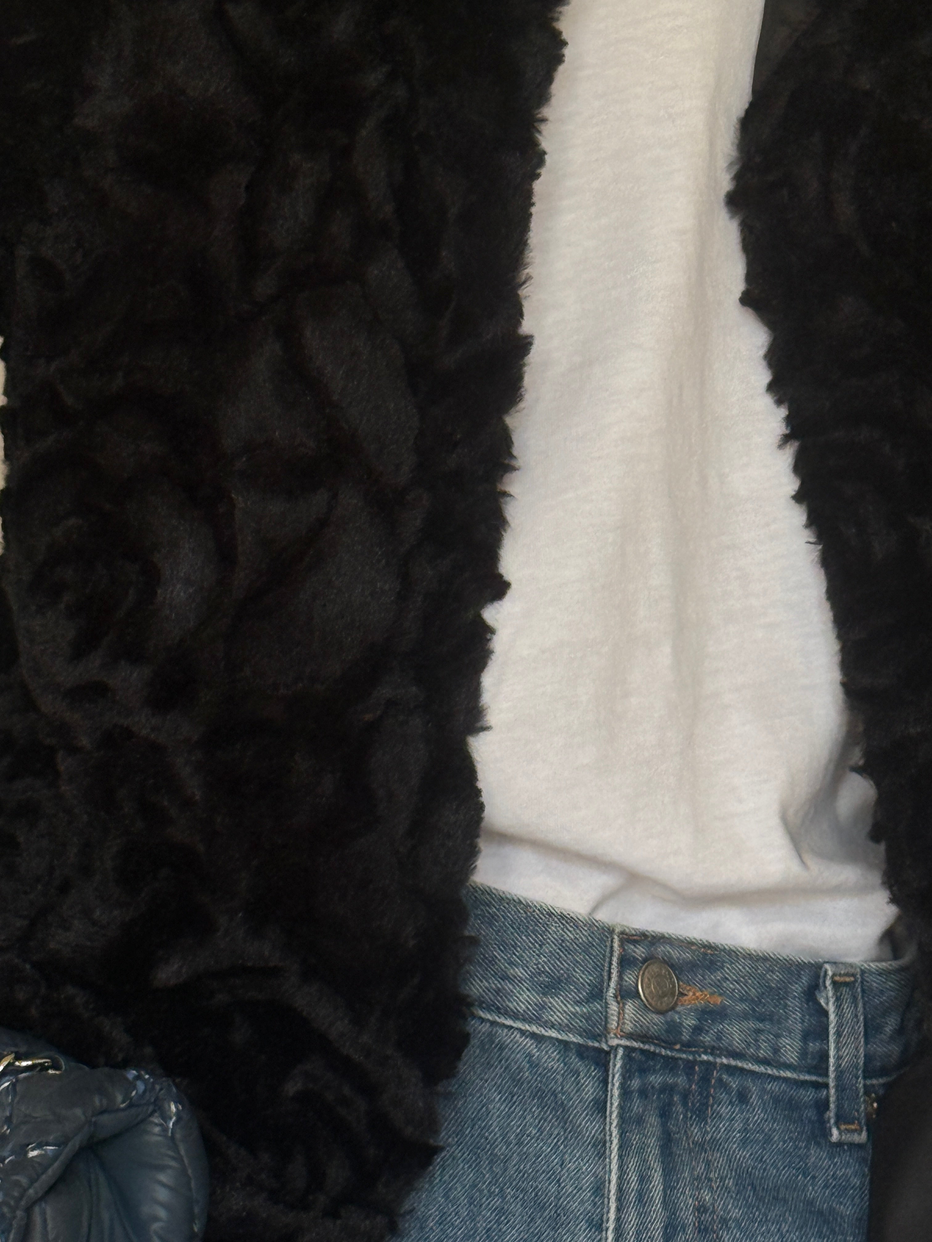 Vintage black faux fur cropped jacket texture close-up