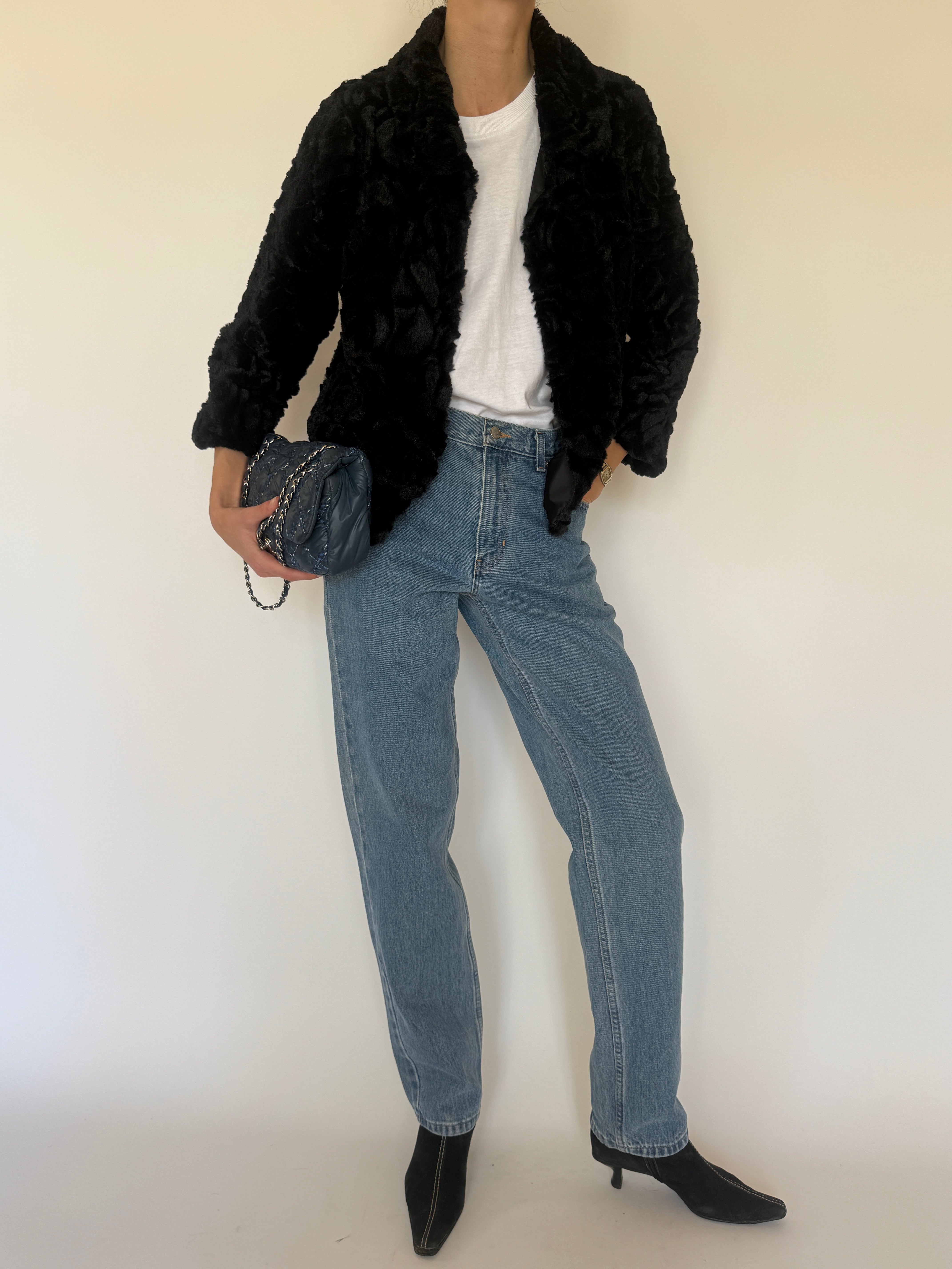 Vintage black faux fur cropped jacket fabric detail
