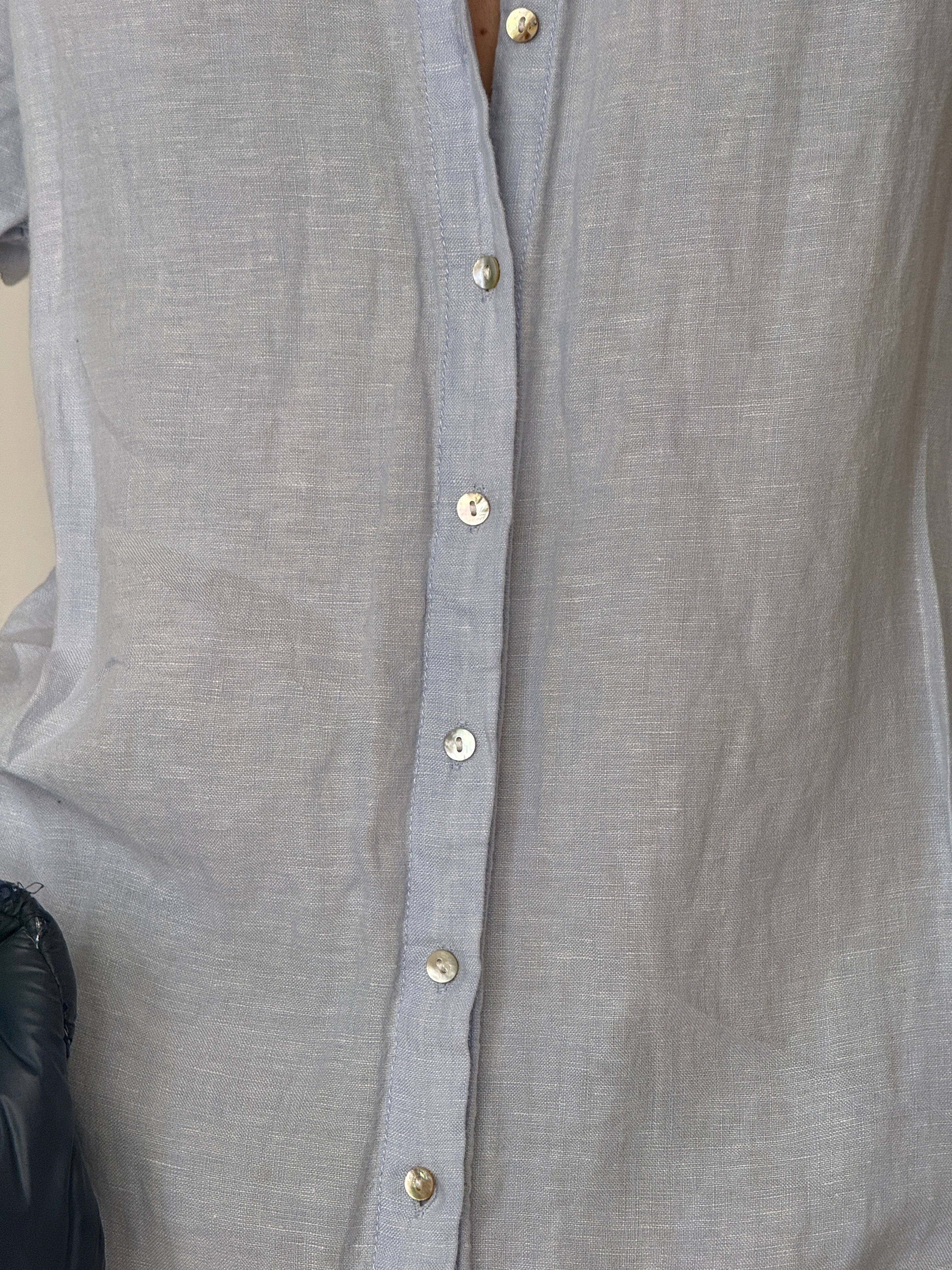 Vintage linen mini shirt dress with button-front closure in light blue