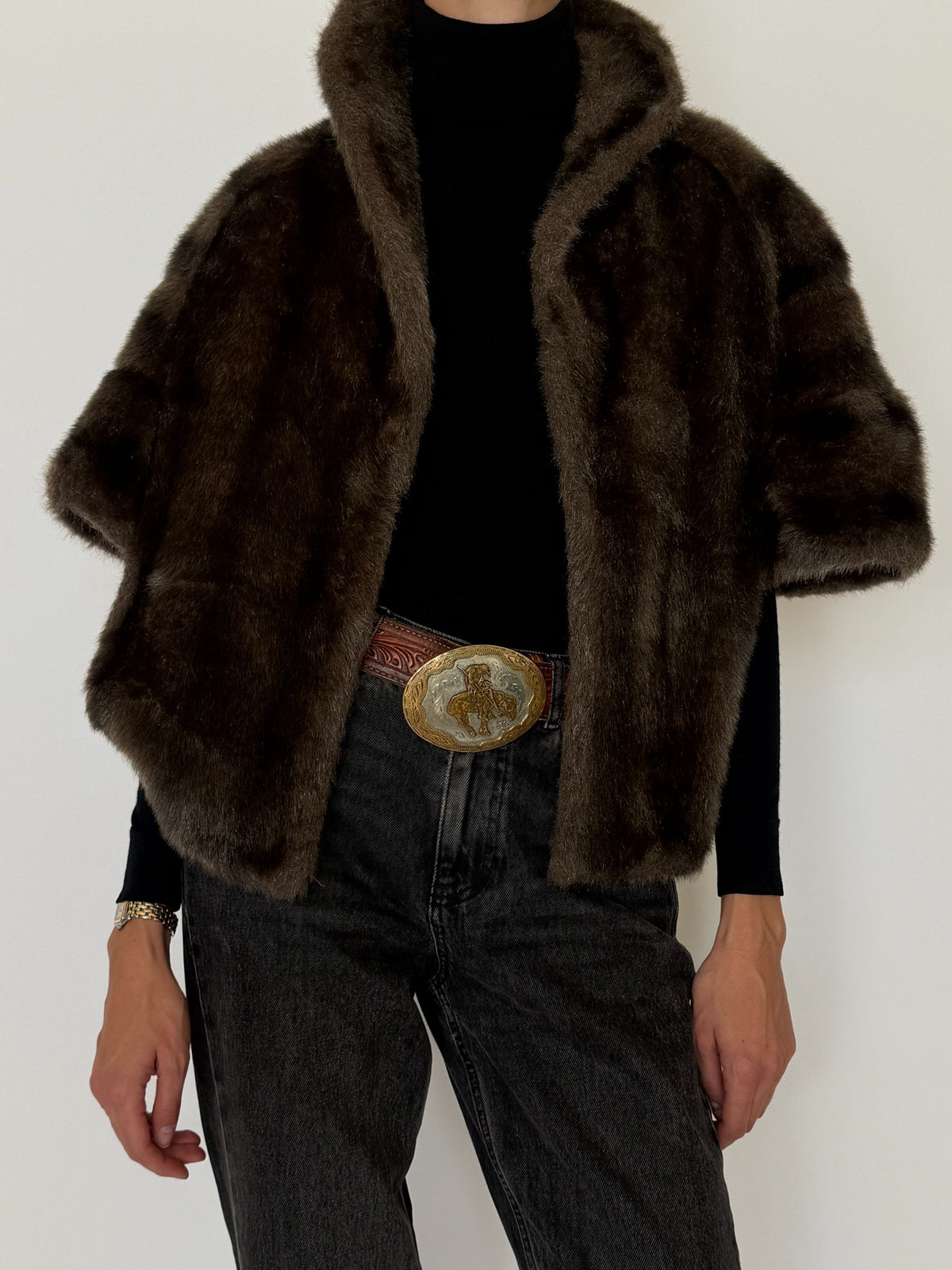 Vintage chocolate brown faux fur cape jacket