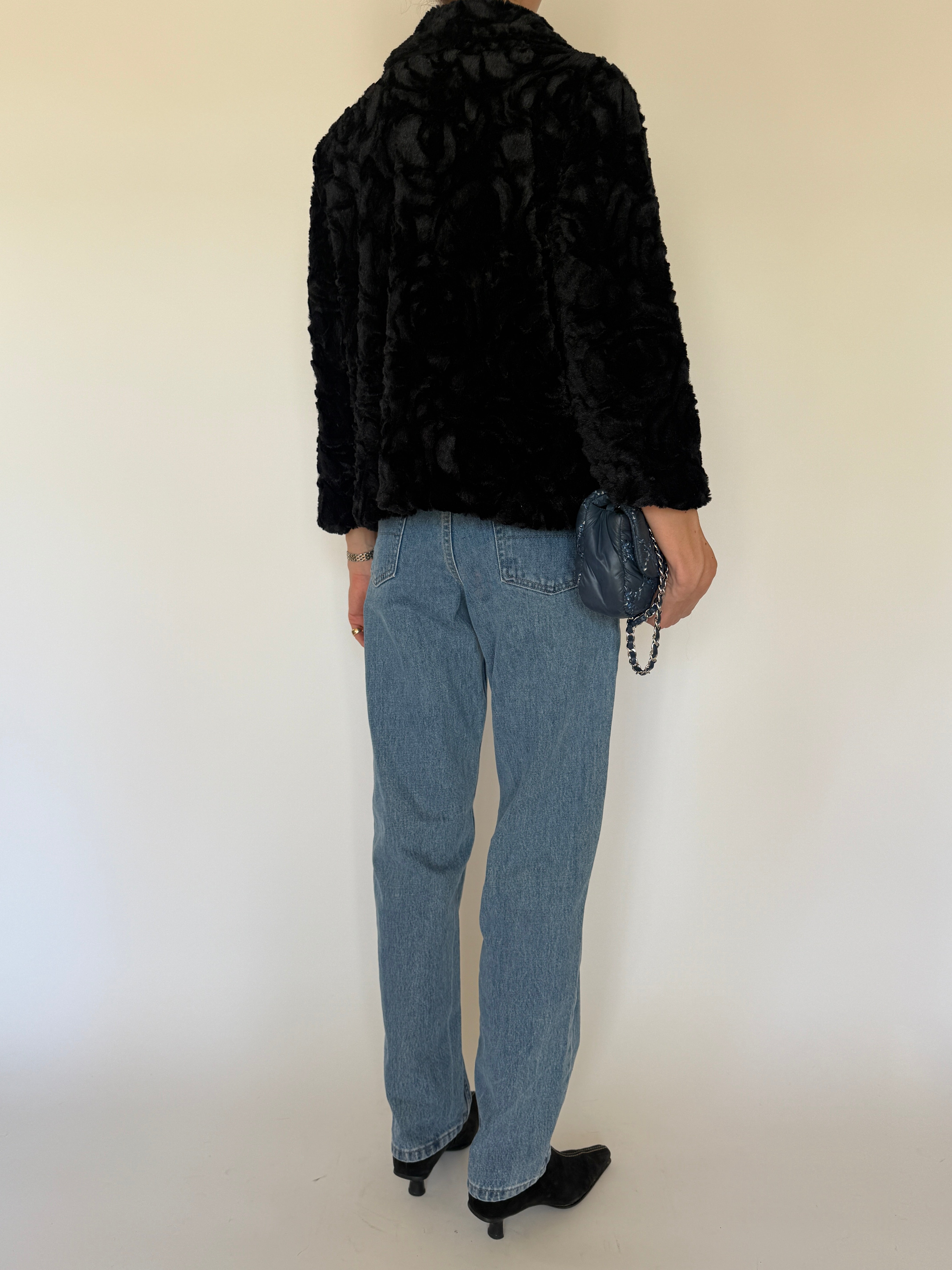 Vintage black faux fur cropped jacket back view