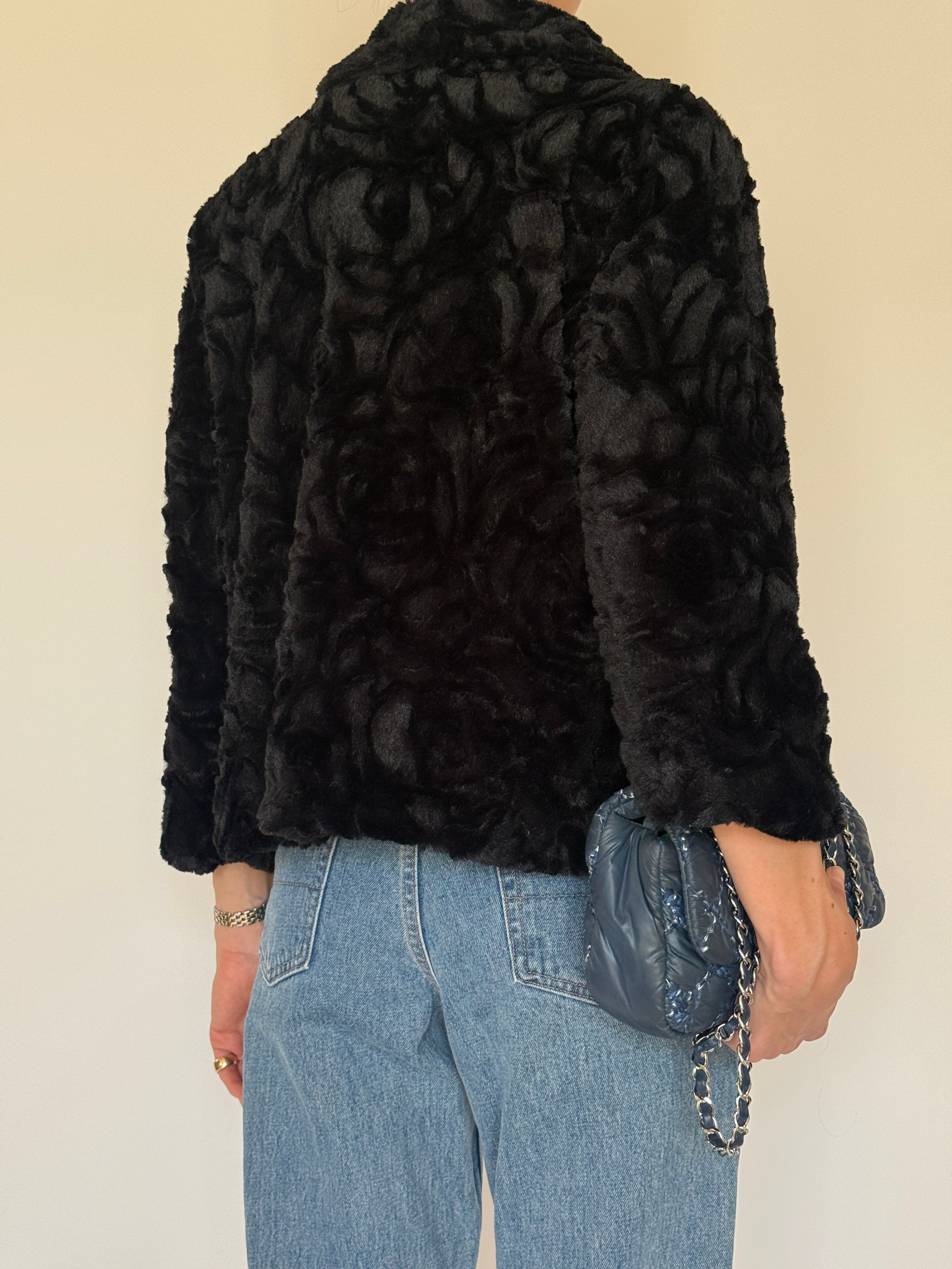 Vintage black faux fur cropped jacket back view