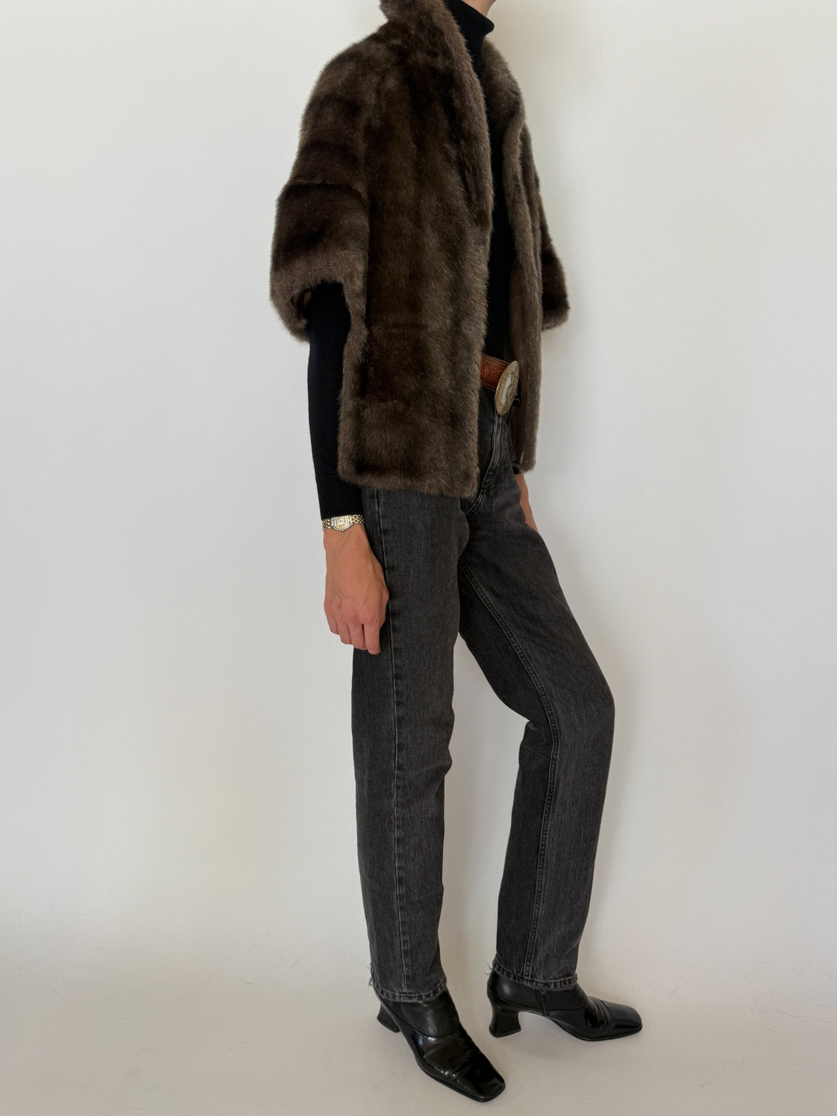 Vintage chocolate brown faux fur cape jacket