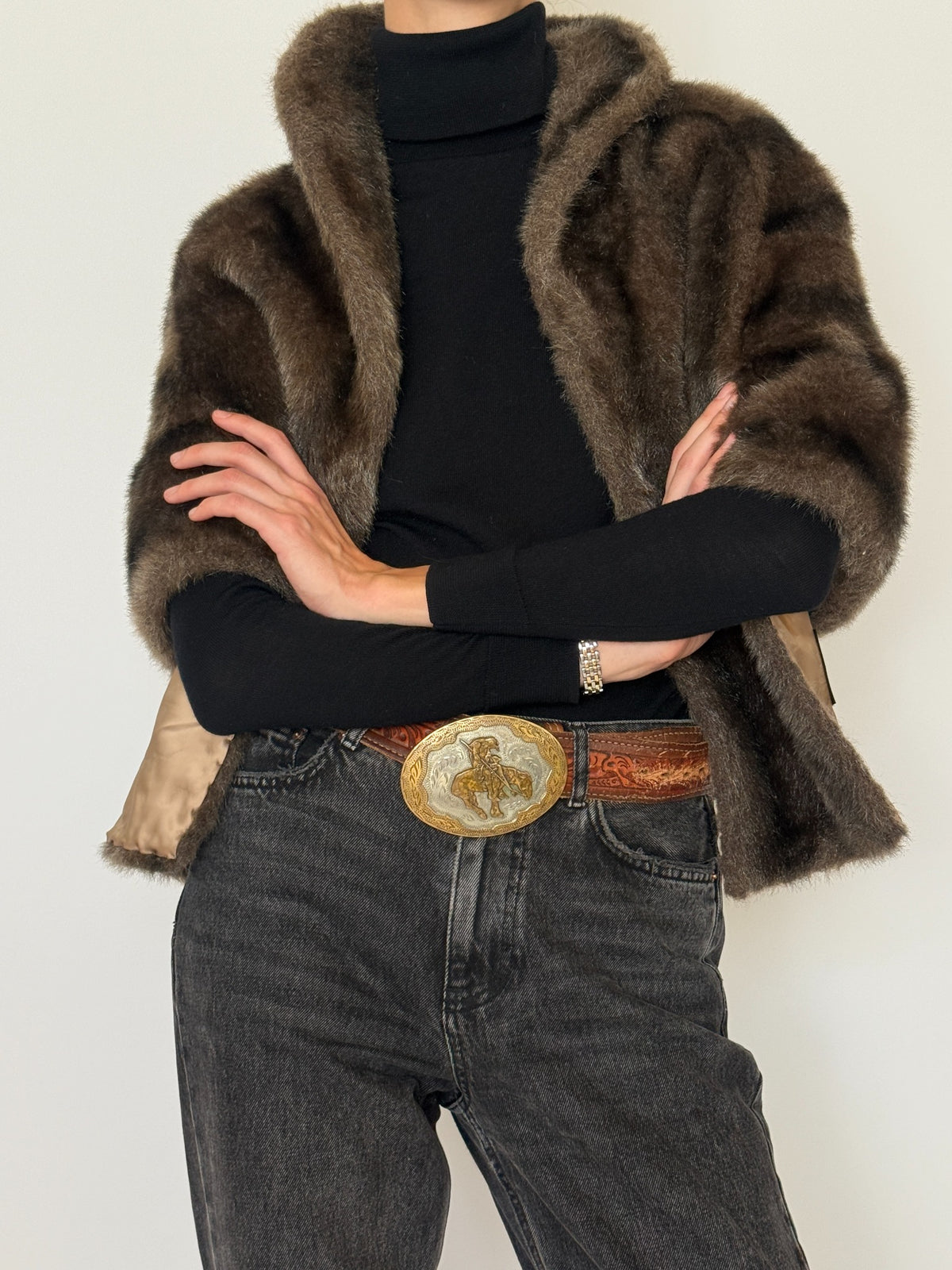 Vintage chocolate brown faux fur cape jacket