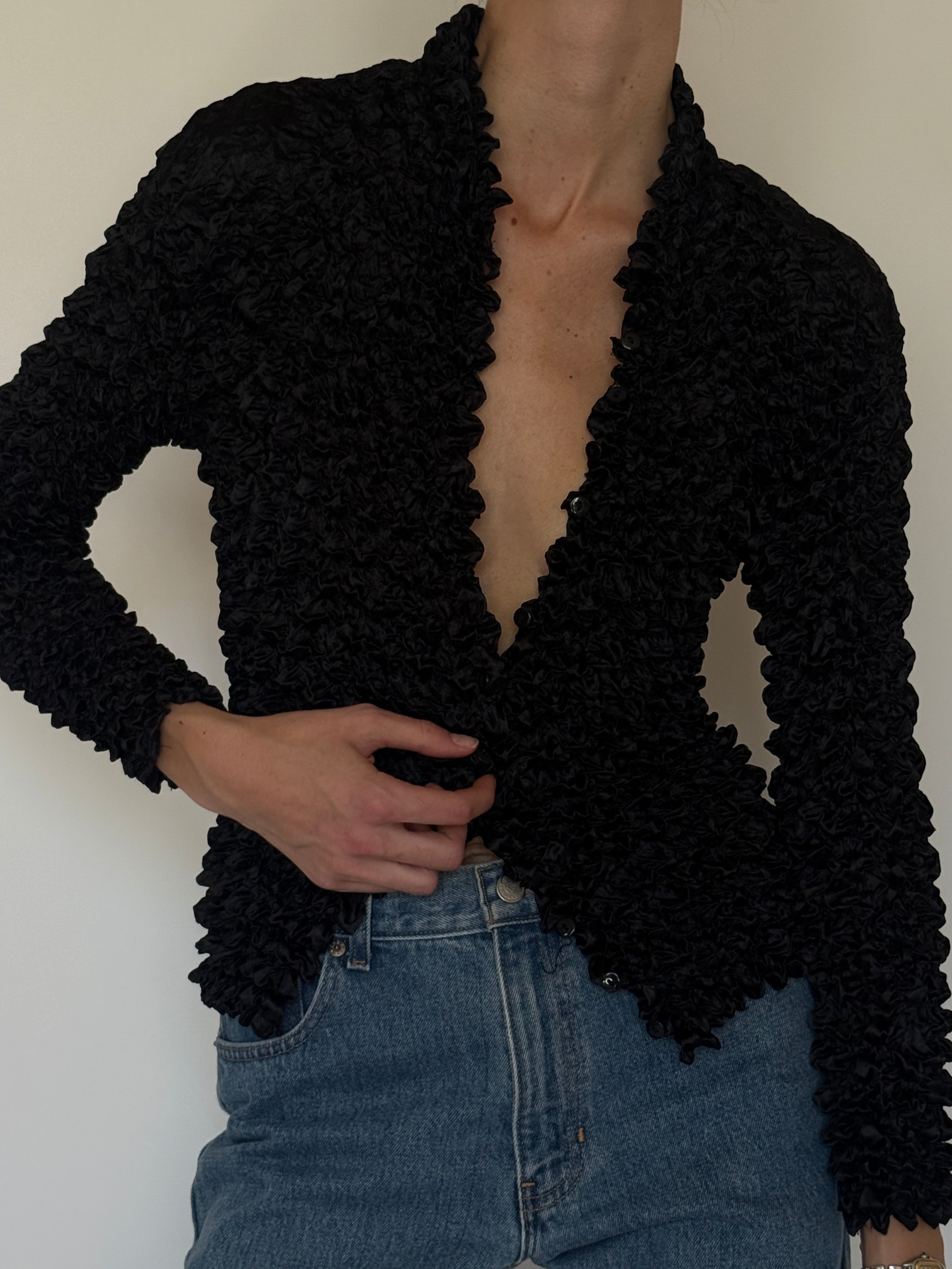 Vintage black popcorn textured blouse front view