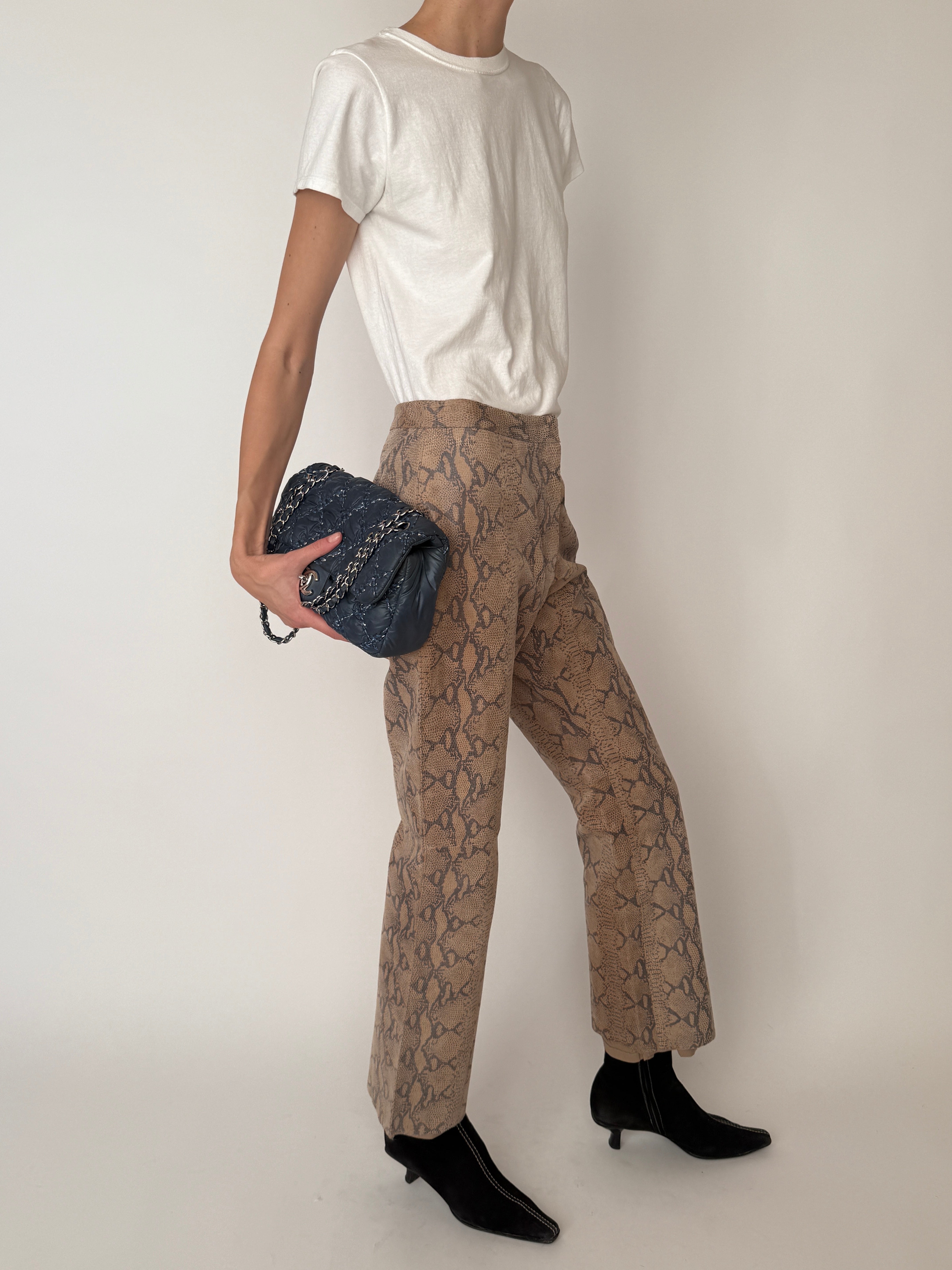 Vintage embossed leather pants with snake pattern straight leg brown