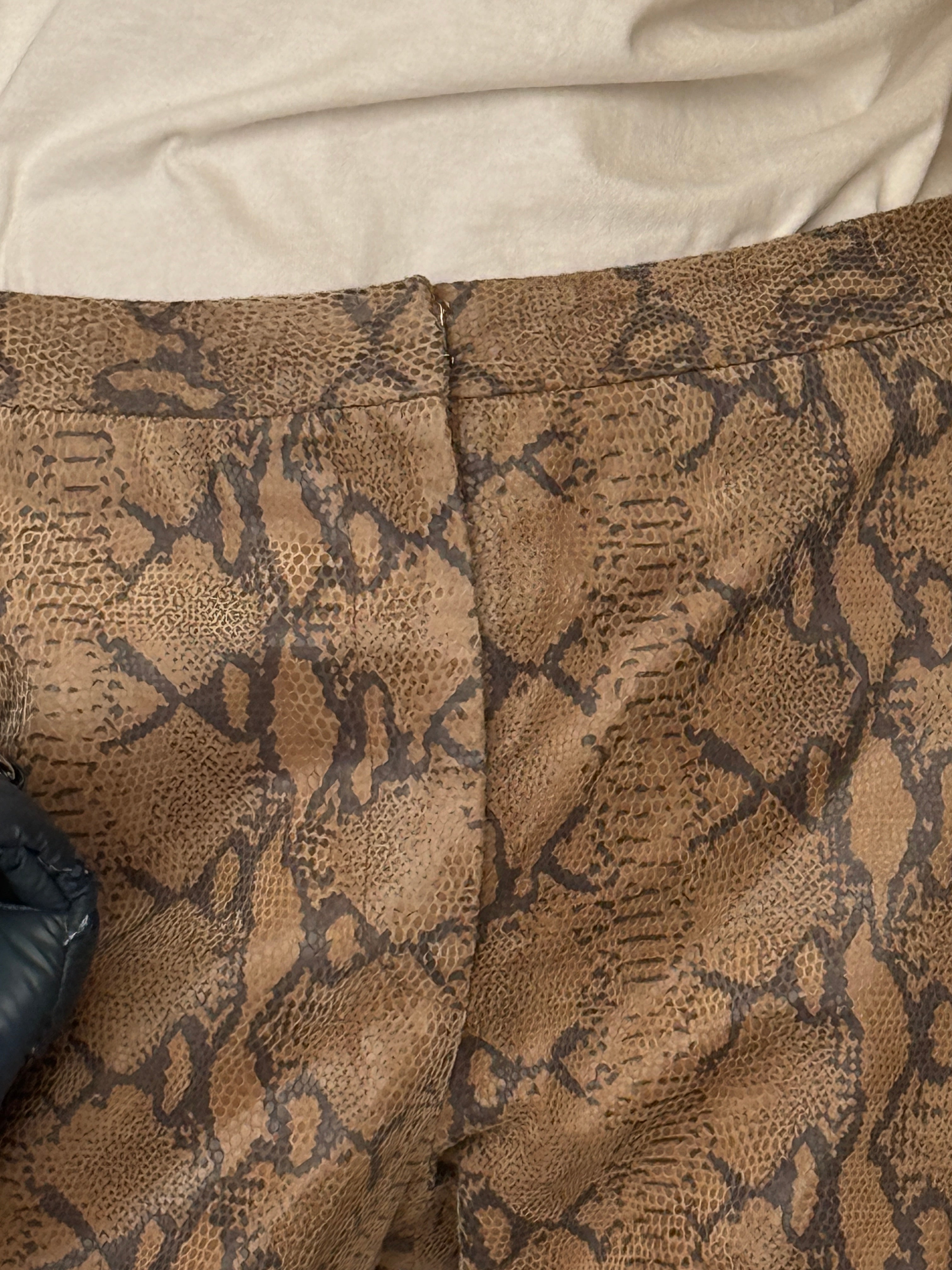 Vintage leather snakeskin print trousers with structured fit brown