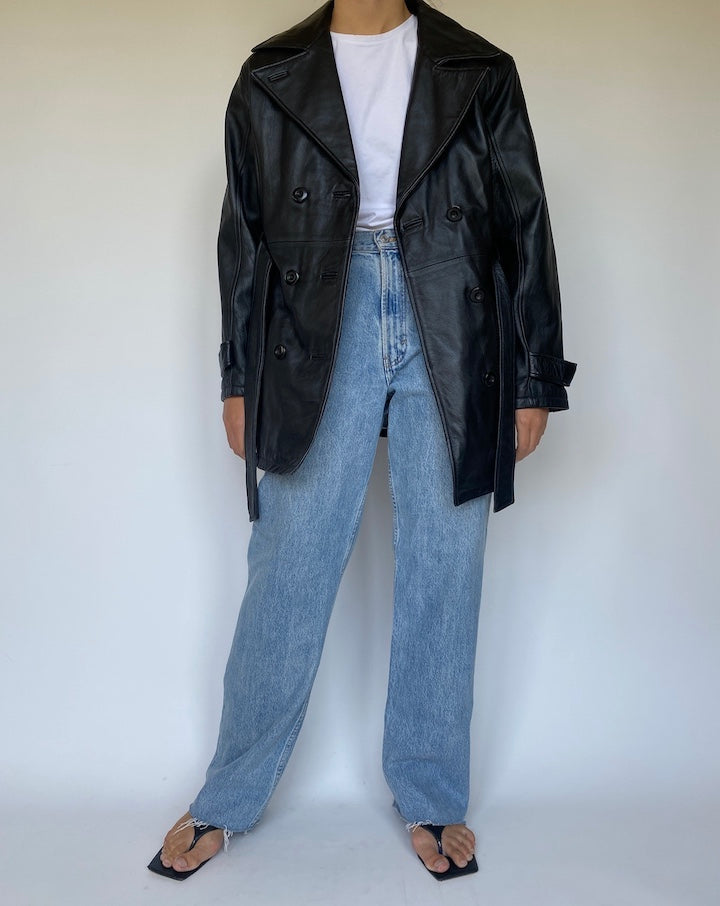 VINTAGE BLACK SHORT TRENCH LEATHER JACKET 3379