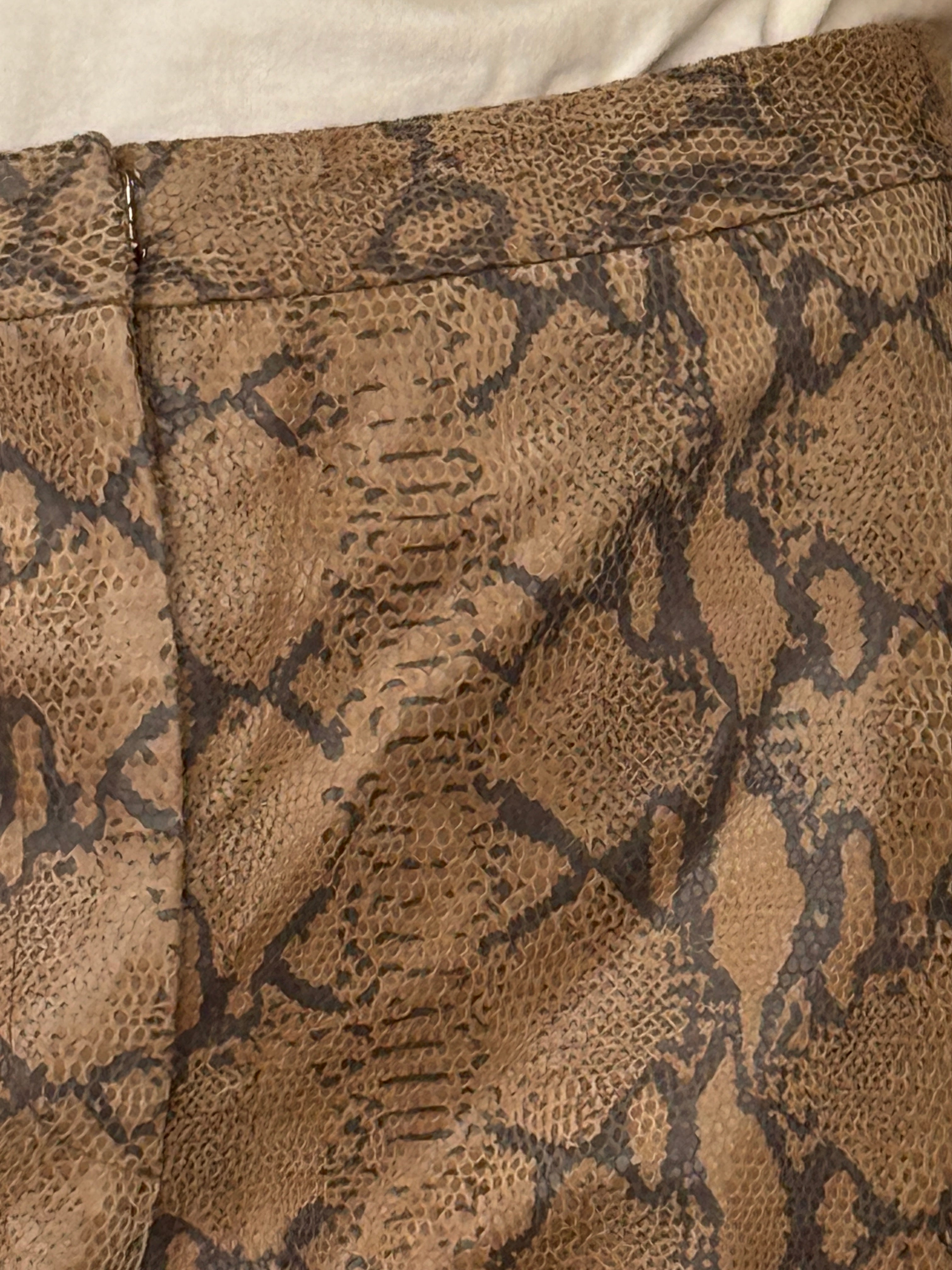 Vintage snakeskin leather straight-leg pants with high-rise waist brown detail