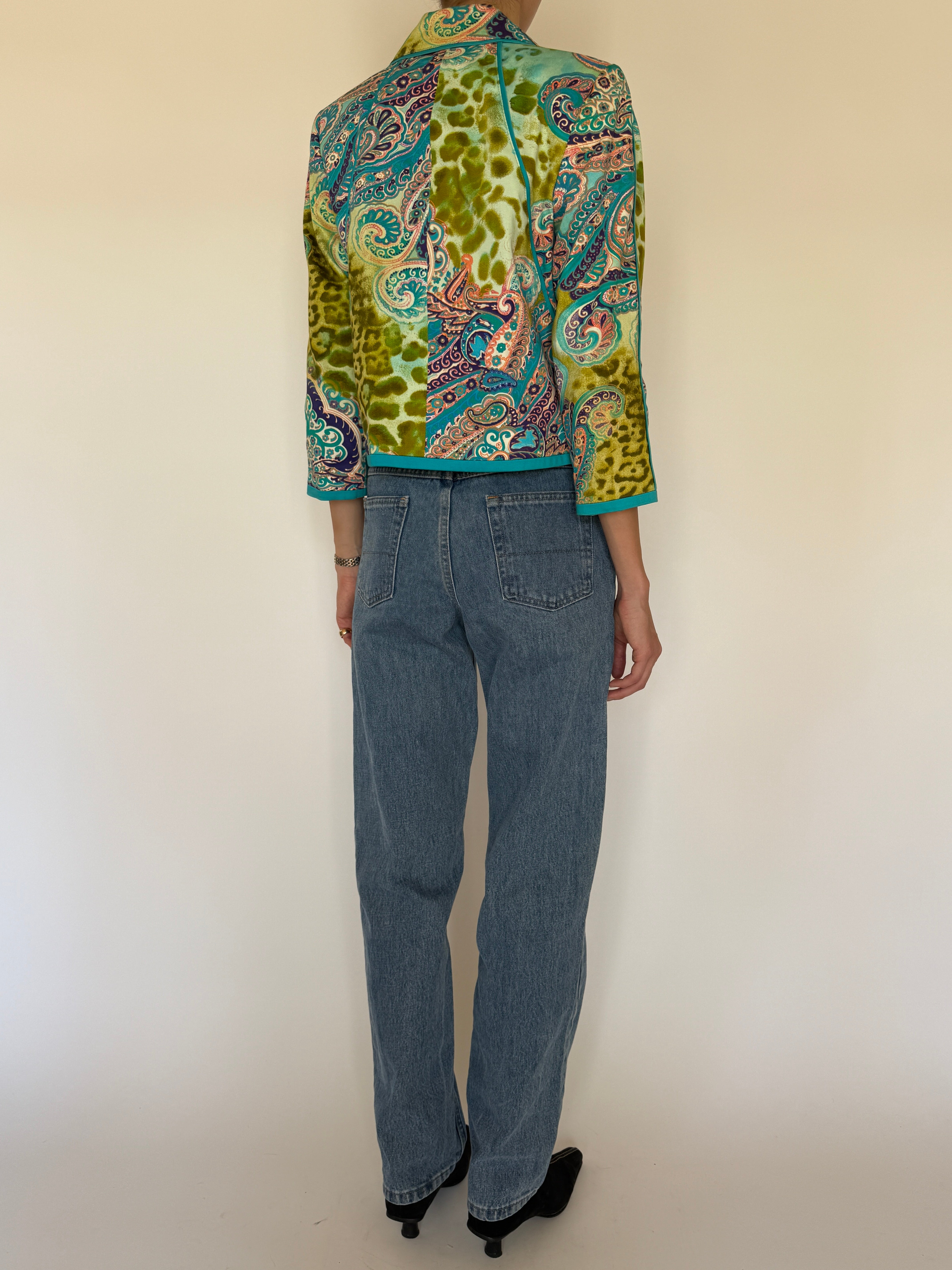 Vintage turquoise paisley cropped jacket back view