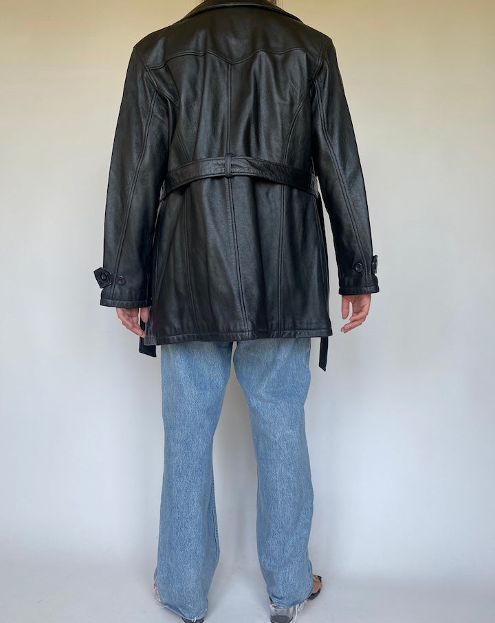 VINTAGE BLACK SHORT TRENCH LEATHER JACKET 3379