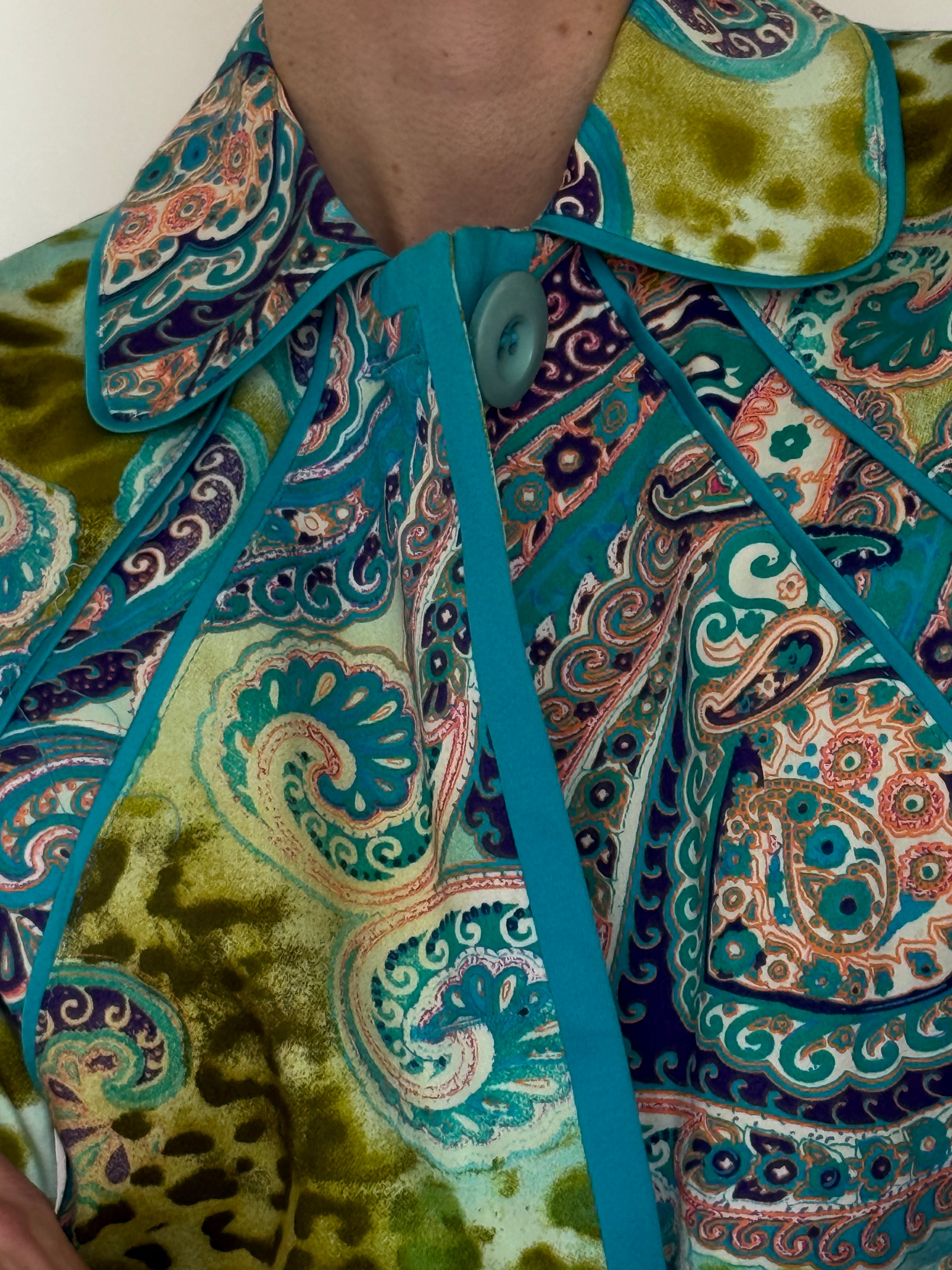 Vintage multicolor paisley jacket front outfit view turquoise and green tones