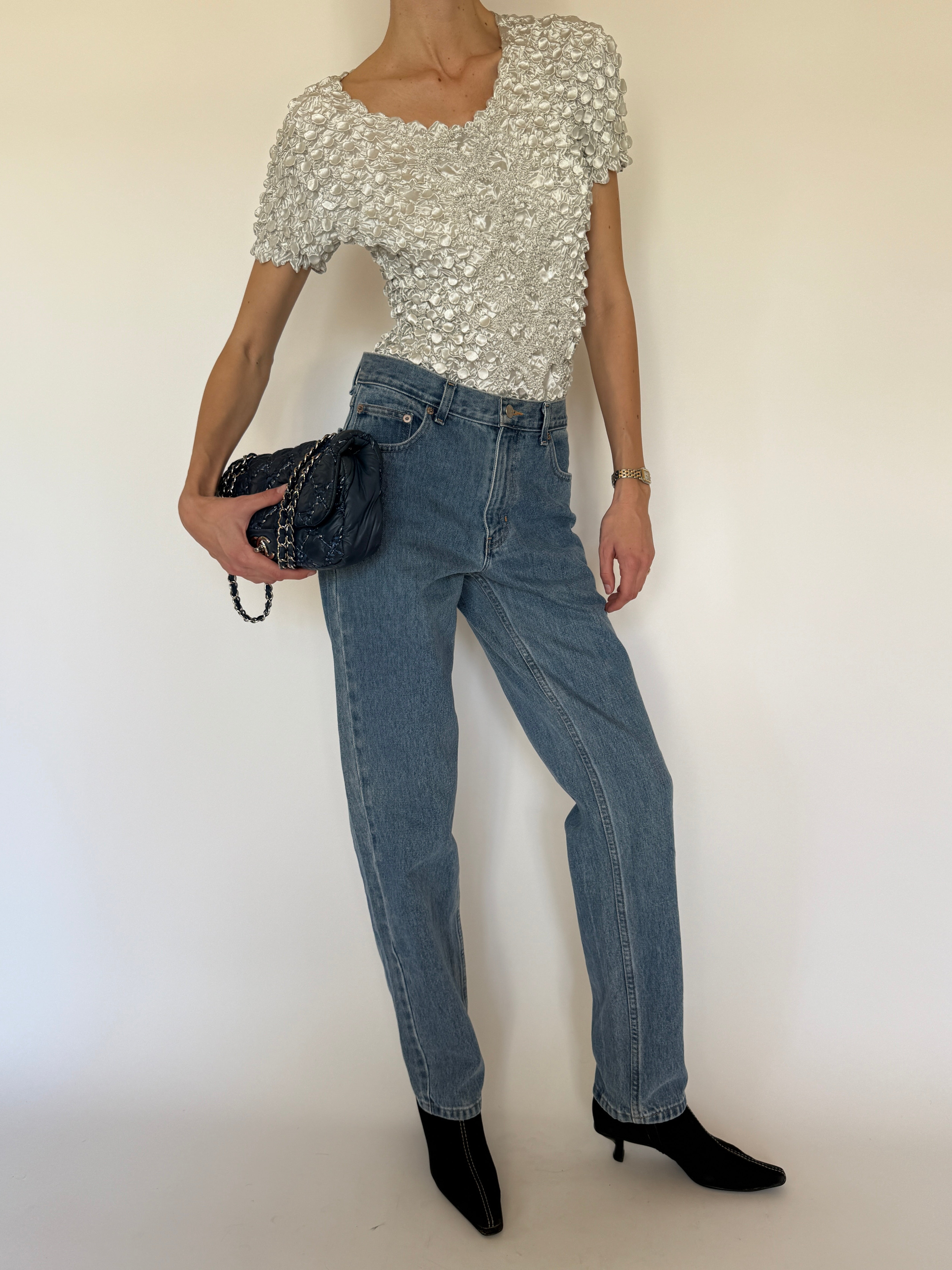 Vintage faded silver popcorn textured top front view