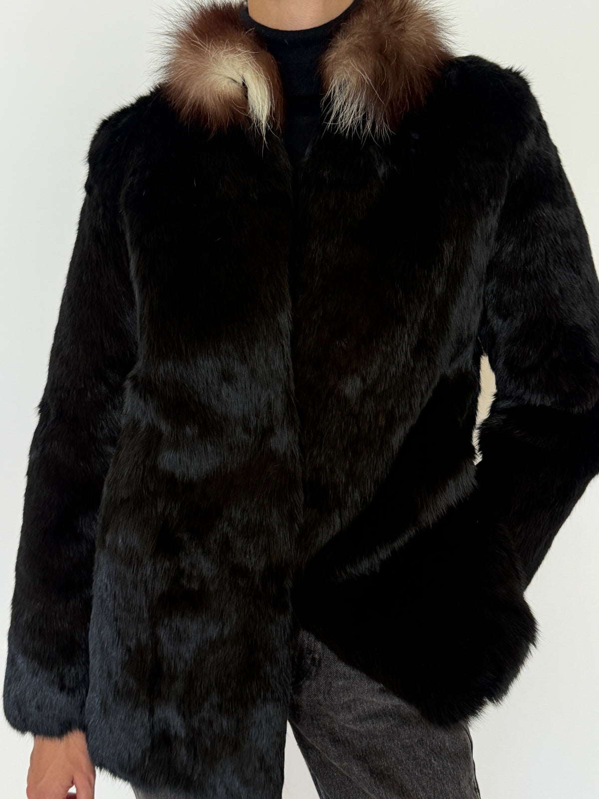 Front close-up of black rabbit fur jacket
