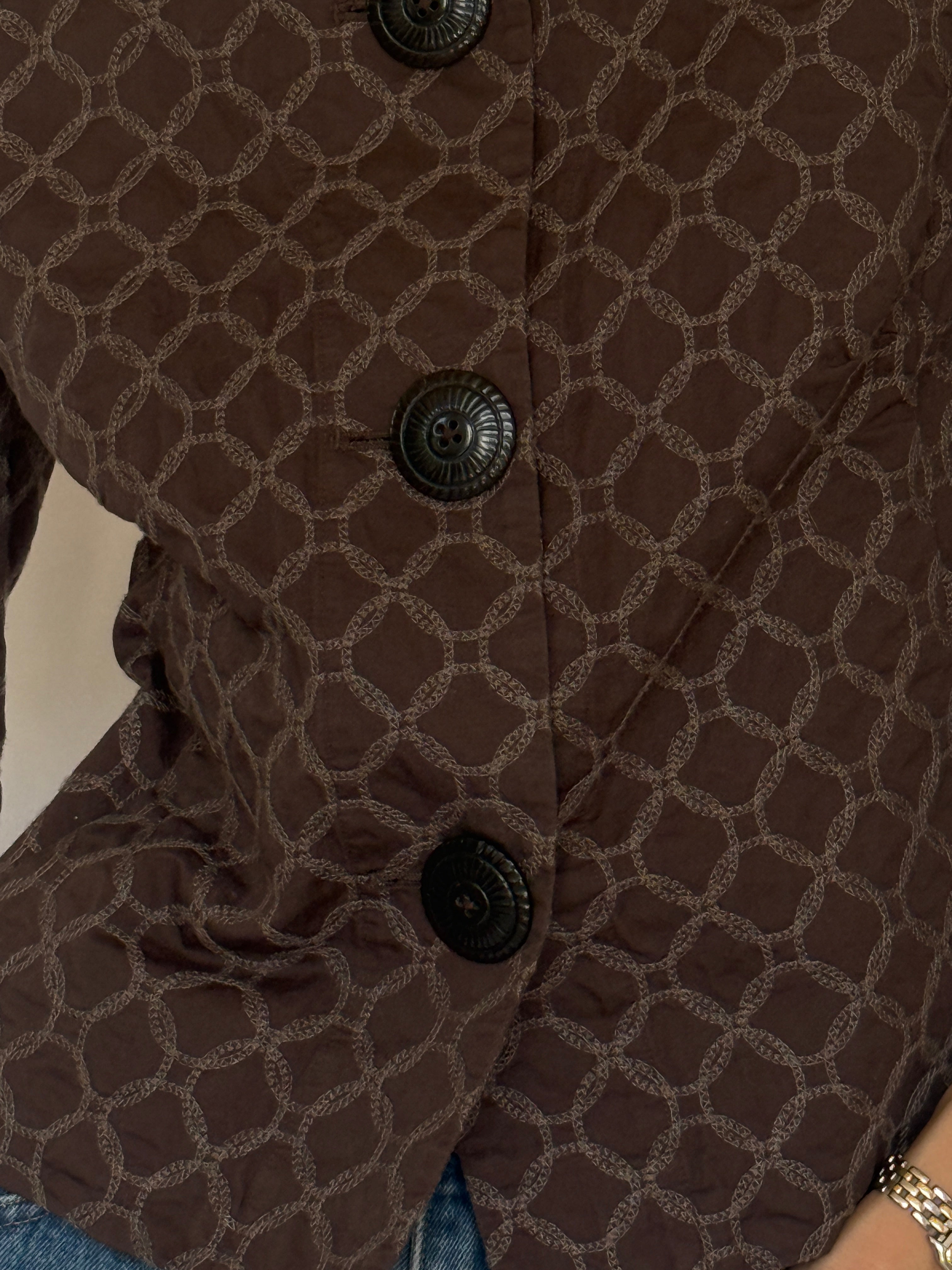 Vintage brown jacket statement button detail close-up