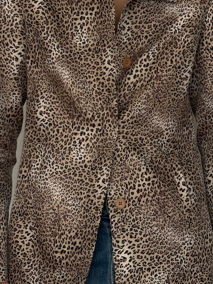 Vintage Leopard Print 100% Silk Long Blazer 6622