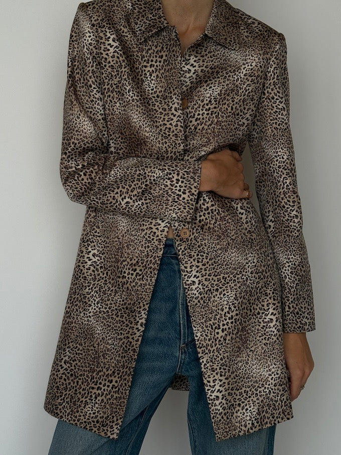 Vintage Leopard Print 100% Silk Long Blazer 6622