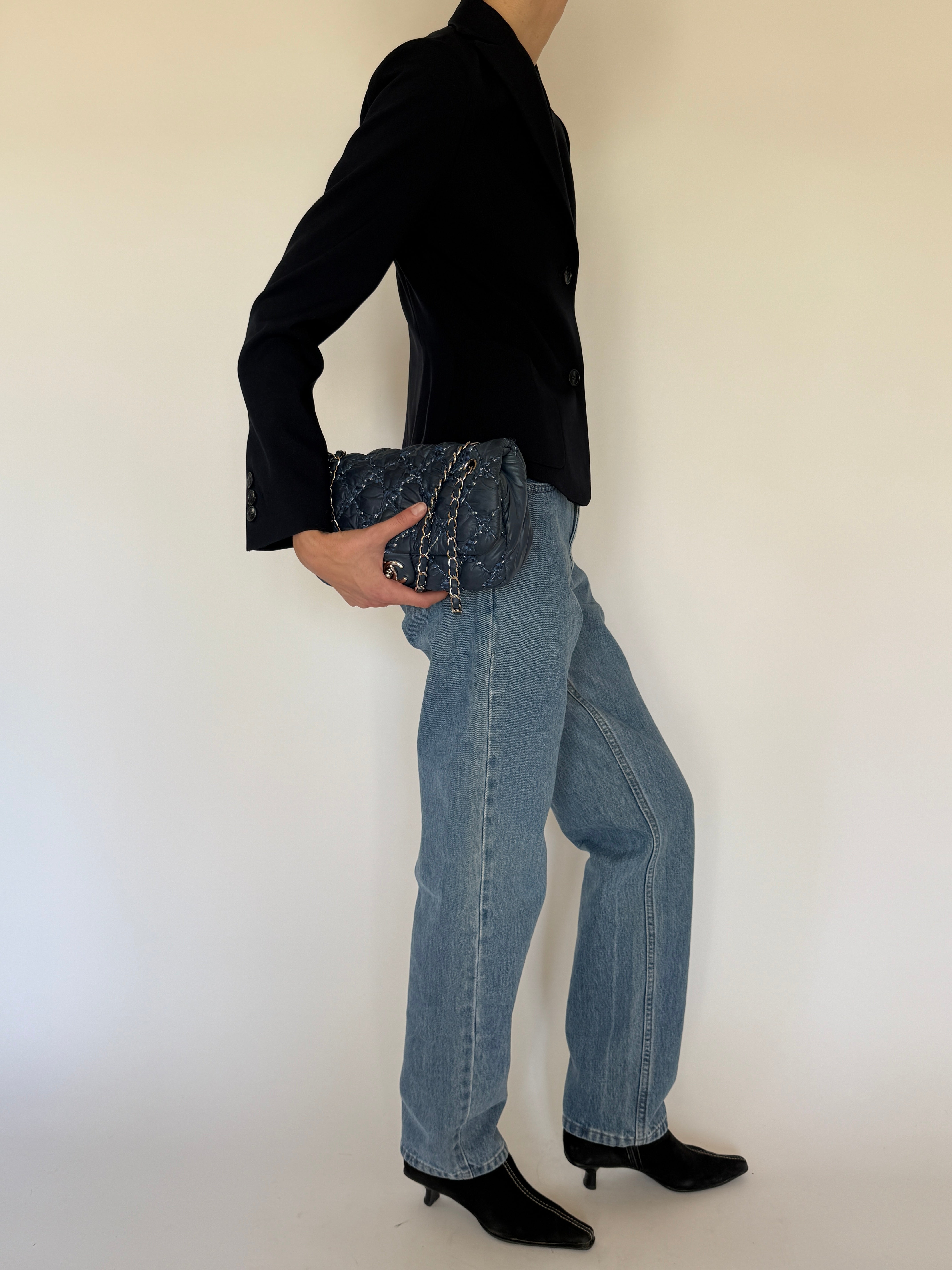 Vintage tailored navy blazer side view